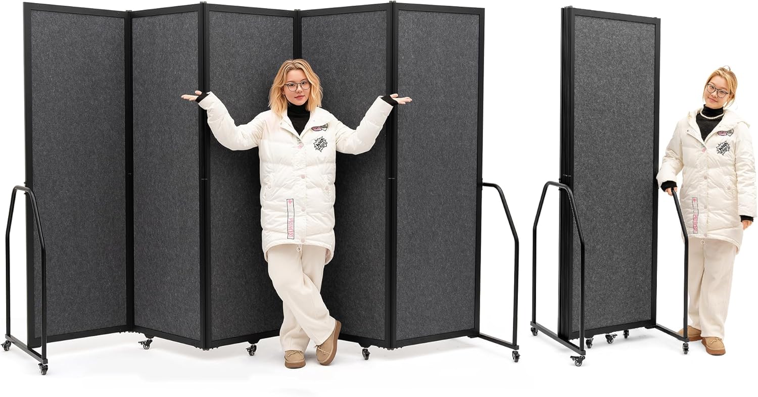 Folding Privacy Screens Freestanding partition with Wheels and arms Portable dividers for Medical Hospital Offices 5 Panel, Dark Gray