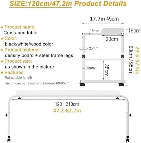 Rolling Over Bed Table, Adjustable Over Bed Desk with Wheels - Height & Width Adjustable Laptop Workstation, Mobile Food Tray & Medical Table for Home & Office Use