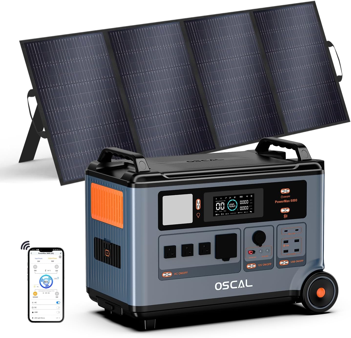 OSCAL 120V/240V 6000W Solar Generator with 1x200W Solar Panel,Promax6000 Dual Voltage 3600WH Lifepo4 Battery Portable Power Station with 14 Outlets,2200W 1.96H Fast Charge,for Home Backup