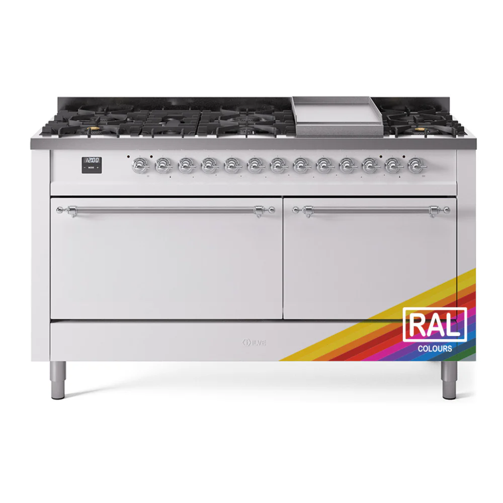 ILVE 60-Inch Nostalgie II Dual Fuel Range with 9 Burners, Griddle, and Solid Door Oven in Custom RAL with Chrome Trim (UP60FQNMPRAC)