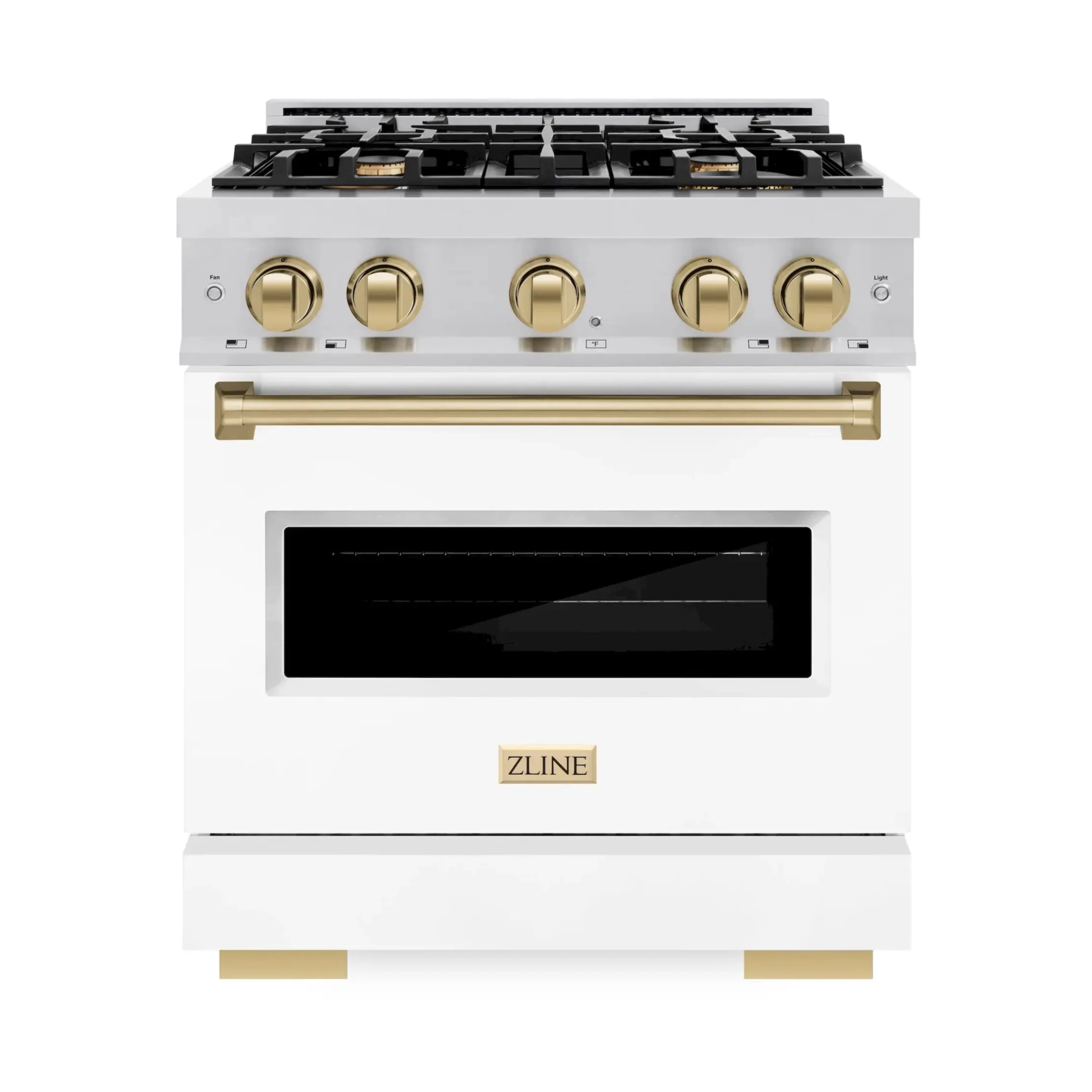 ZLINE Autograph Edition 30-Inch Classic Series Gas Range with 4 Gas Burner Cooktop and 4.2 Cu. Ft. Gas Convection Oven  in Stainless Steel with White Matte Door and Champagne Bronze Accents (CGRZ-WM-30-CB)