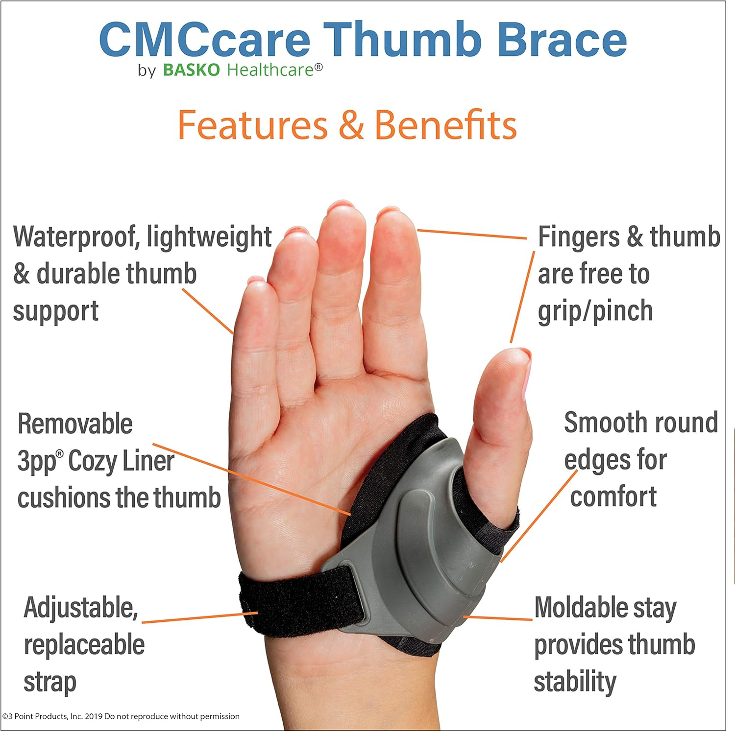 CMCcare Thumb Brace - Medical Grade Support for CMC Joint Pain Relief | Comfortable, Waterproof & Adjustable for Arthritis, Osteoarthritis, Tendonitis | Includes Cozy Liner & Extra Strap, Right - Small