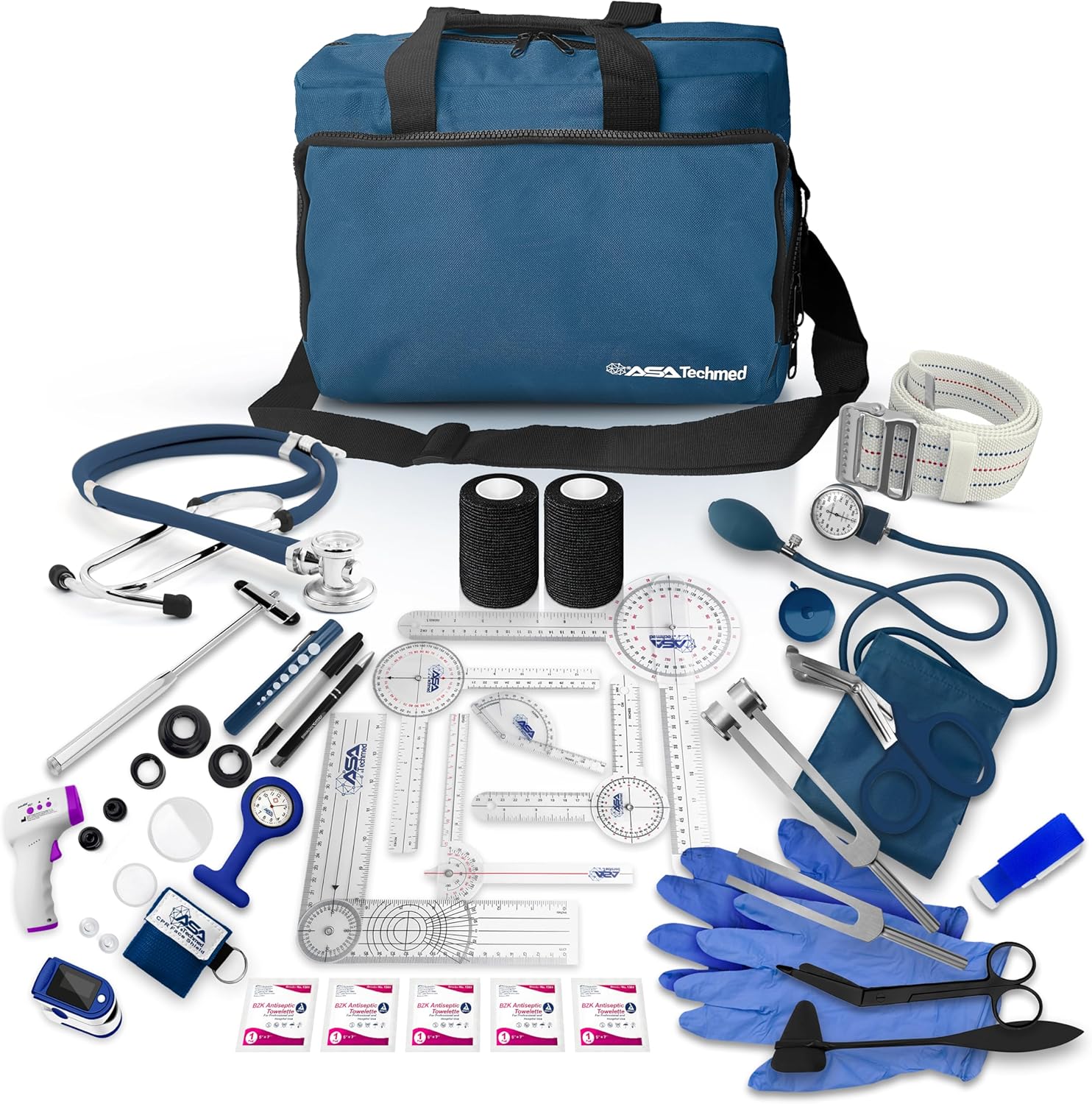 ASA TECHMED Physical Therapy Home Health Aide Comprehensive Kit - Carrying Bag, Blood Pressure Cuff, Stethoscope, Gait Belt - Blue