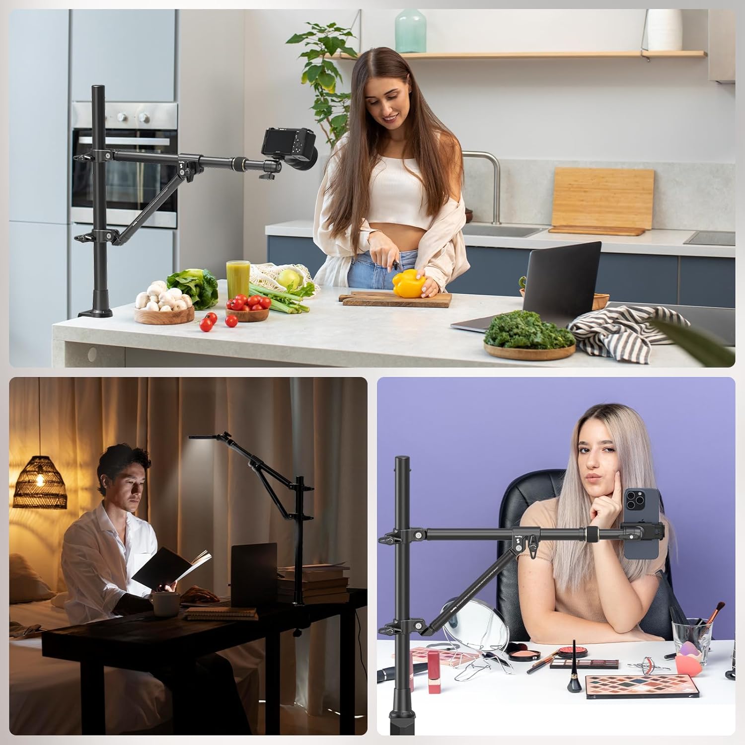 SMALLRIG Triangle Camera Desk Mount, Max. Load 3kg/ 6.6lbs, Overhead Mount with Auxiliary Support Rod, with Phone Holder and Small Ball Head for Camera/Phone/Light/Webcam