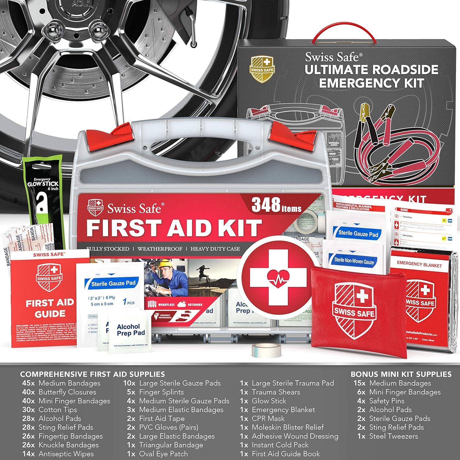 Swiss Safe 2-in-1 Car Emergency Kit | 12-FT Heavy-Duty Jumper Cables & 378-Piece Comprehensive Car First Aid Kit | Compact Roadside Auto Essentials for Vehicle Safety