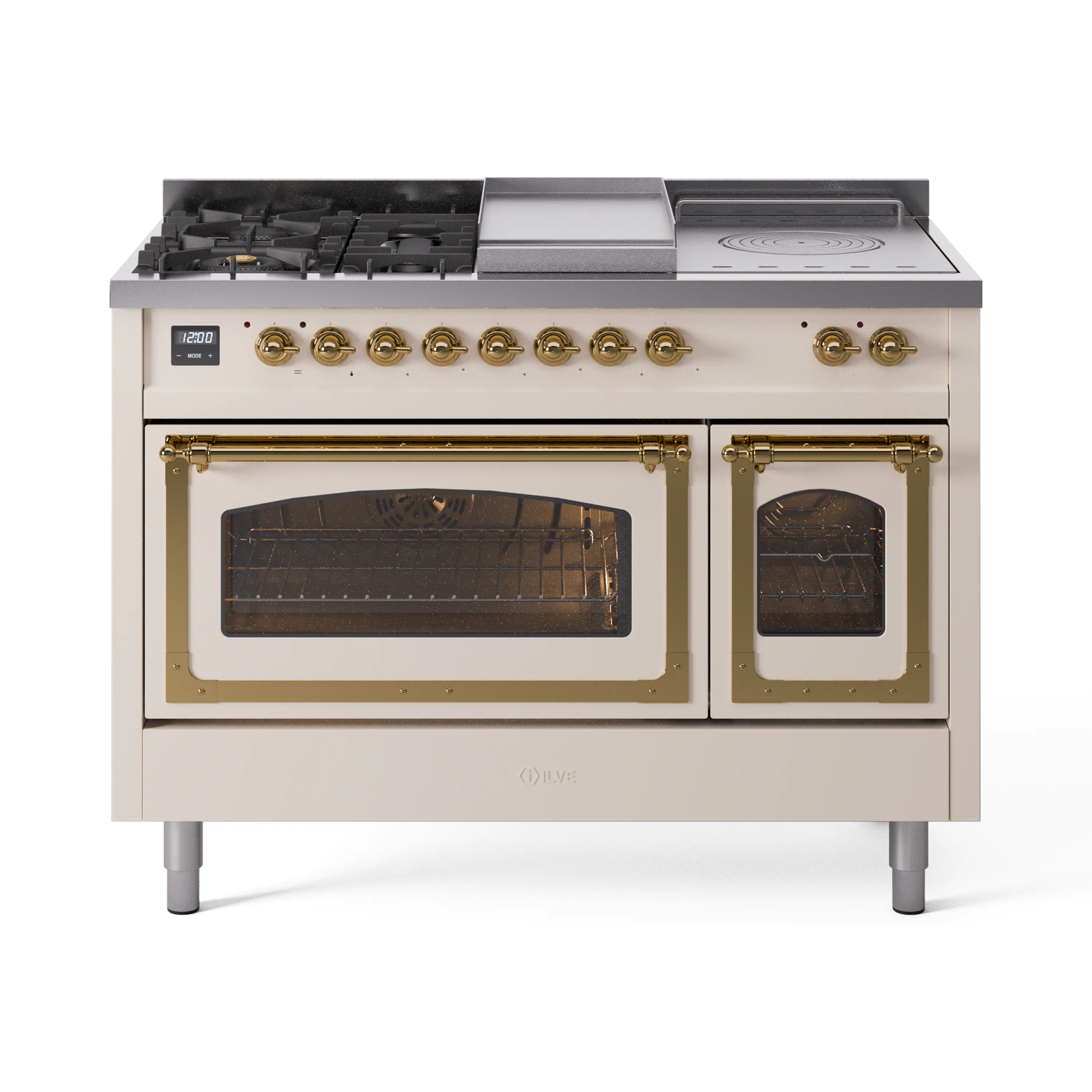 ILVE Nostalgie II Noblesse 48-Inch Dual Fuel Range with 5 Burners, Griddle, & French Top with Triple Glass Door Oven in Antique White with Brass Trim (UN48FSNMPAWG)