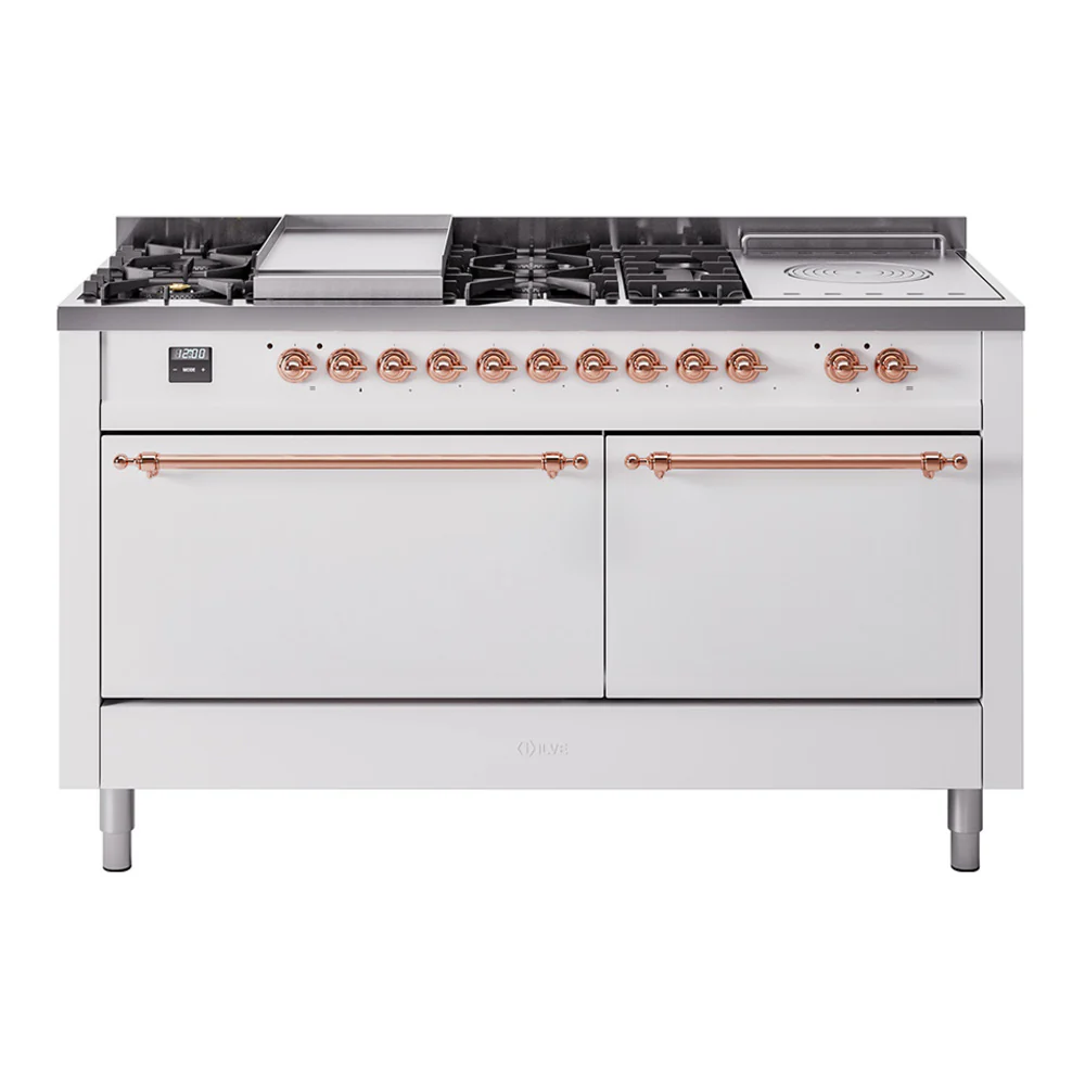 ILVE Nostalgie II 60-Inch Dual Fuel Range with 7 Burners, Griddle, & French Top with Solid Door Oven in White with Copper Trim (UP60FSQNMPWHP)