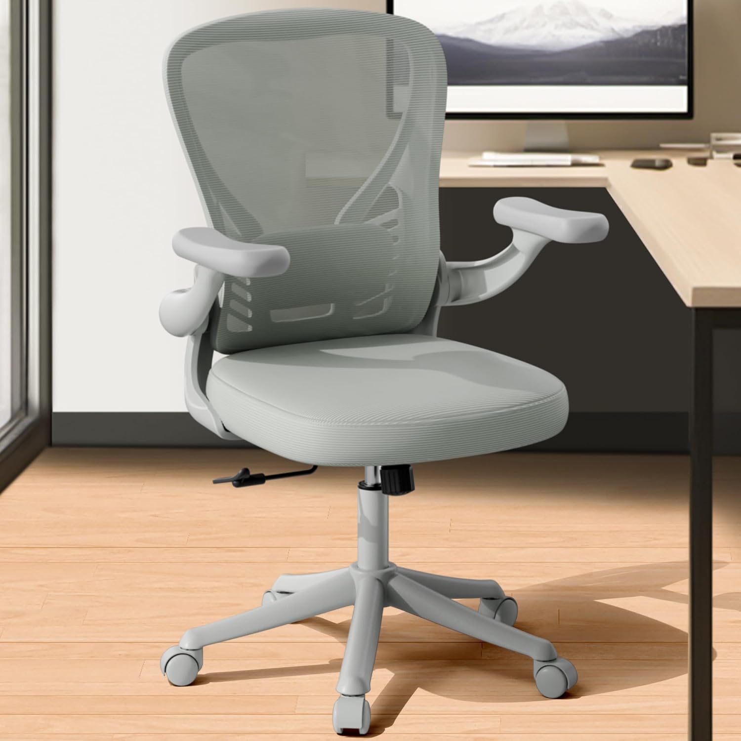 Computer Desk Chair with Wheels, Mesh Office Chair with Flip Up Arms, Adjustable Lumbar Support, Swivel Desk Chair Comfy, All Grey