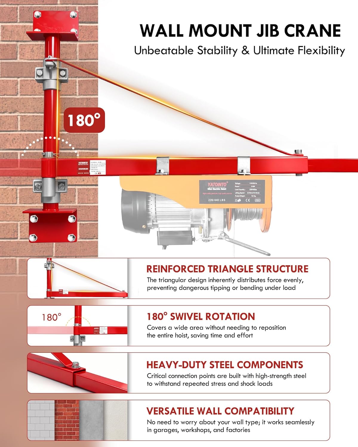 Wall Mount Jib Crane,1320 Lbs Max Load Capacity,Hoist Swing Arm with 180° Swivel Adjustable Pole,Heavy Duty Electric Hoist Support Arm for Hoist, Scaffolding Lift, Workshop, Garage, Warehouses