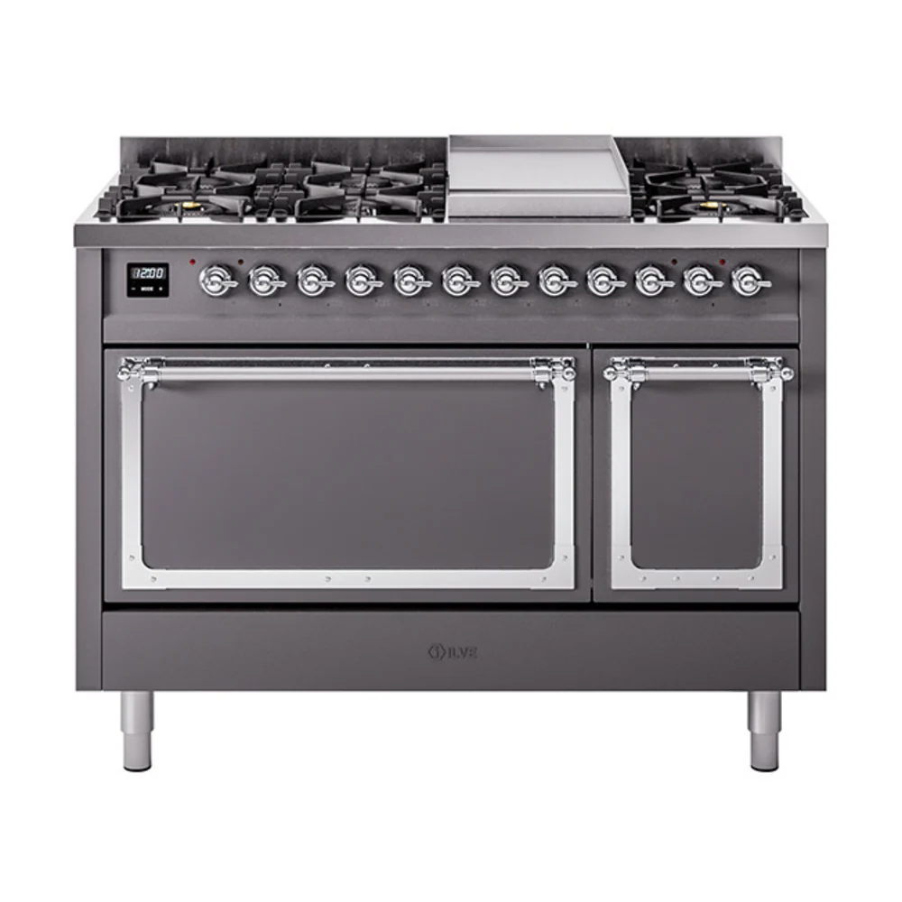 ILVE Nostalgie II Noblesse 48-Inch Dual Fuel Freestanding Range with Solid Door Oven in Matte Graphite with Chrome Trim (UN48FQNMPMGC)