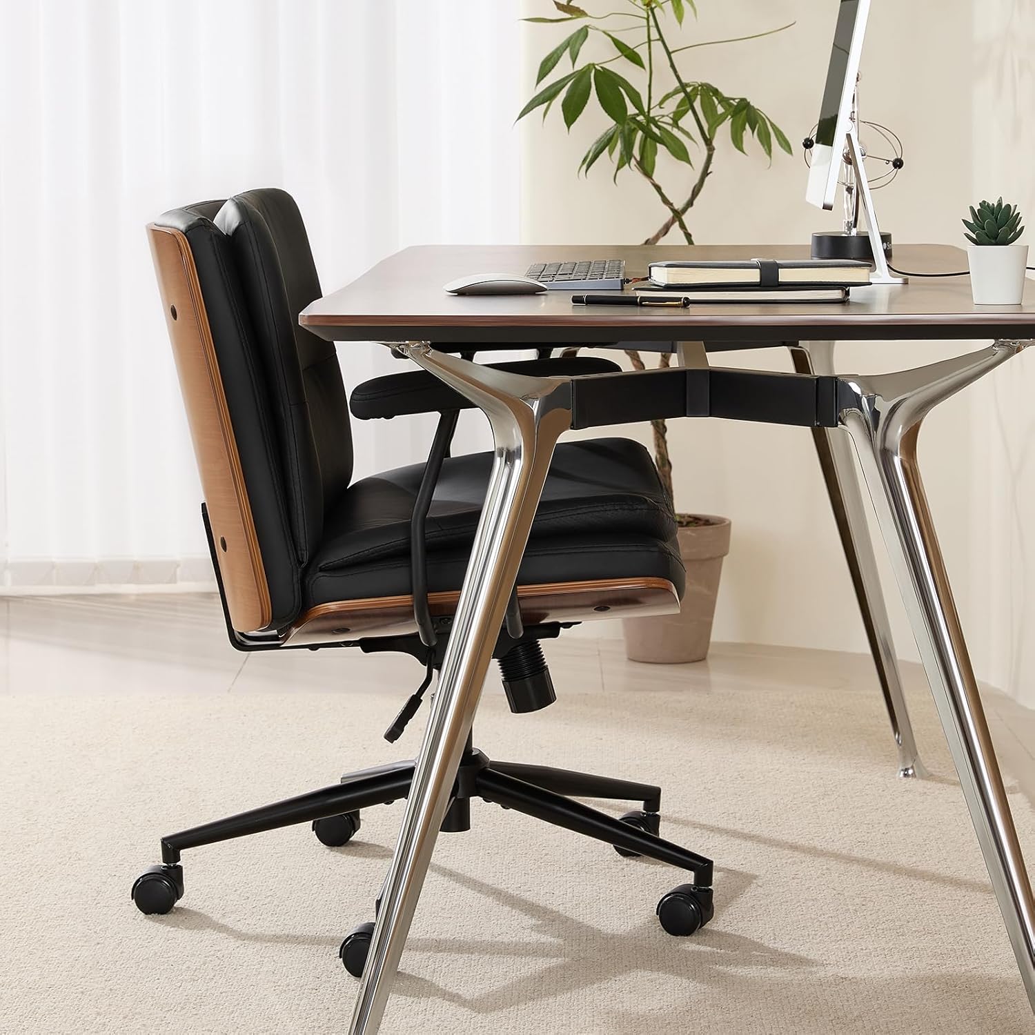 Home Office Desk Chair with Armrests & Wheels, Modern Walnut Swivel Rolling Executive Task Chair, PU Leather Vanity Chair with Lumbar Support, Height Adjustable Ergonomic Computer Chair (Black)