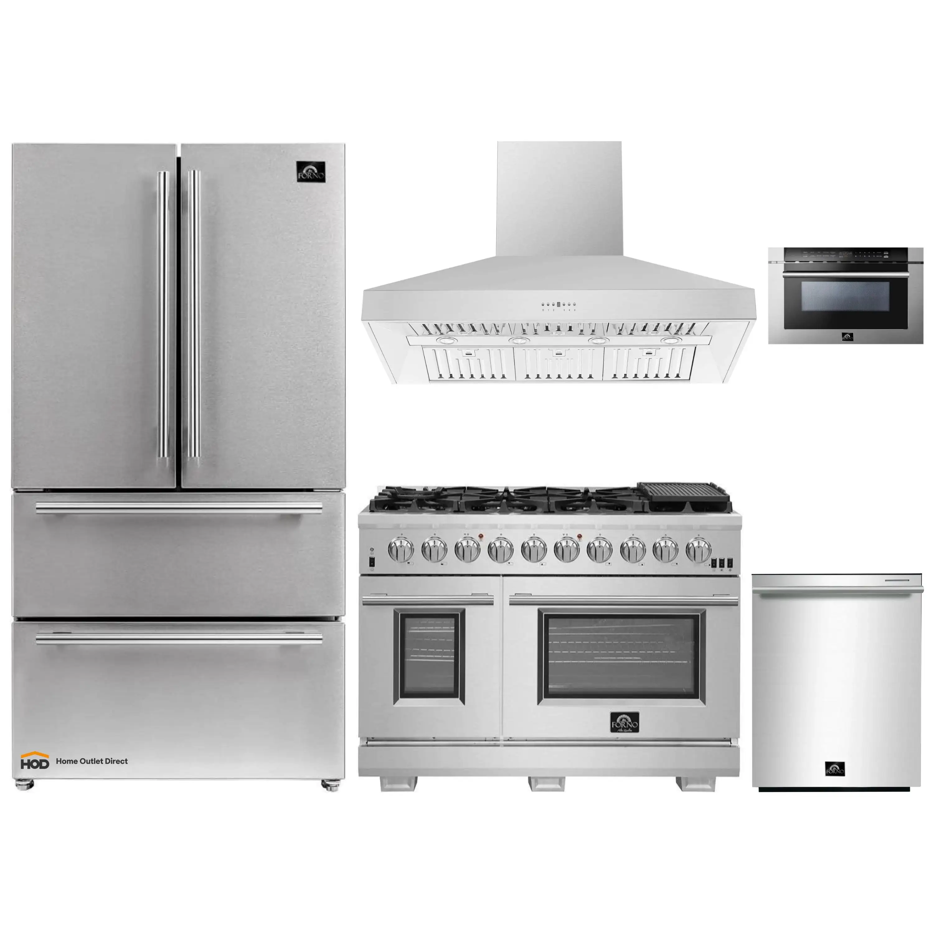 Forno 5-Piece Pro Appliance Package - 48-Inch Gas Range, Refrigerator, Wall Mount Hood, 24-Inch Microwave Drawer, & 3-Rack Dishwasher in Stainless Steel