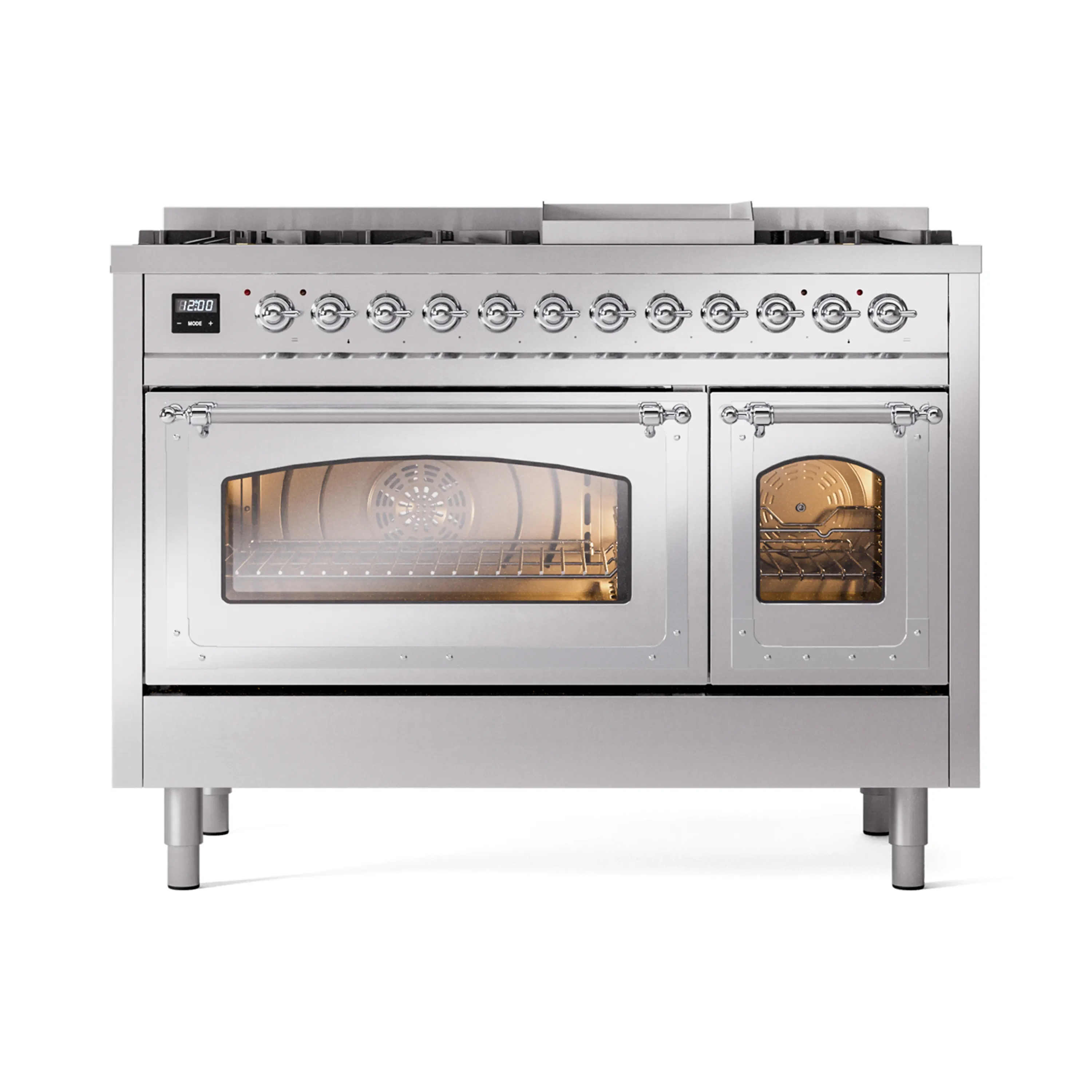 ILVE Nostalgie II Noblesse 48-Inch Dual Fuel Freestanding Range in Stainless Steel with Chrome Trim (UN48FNMPSSC)