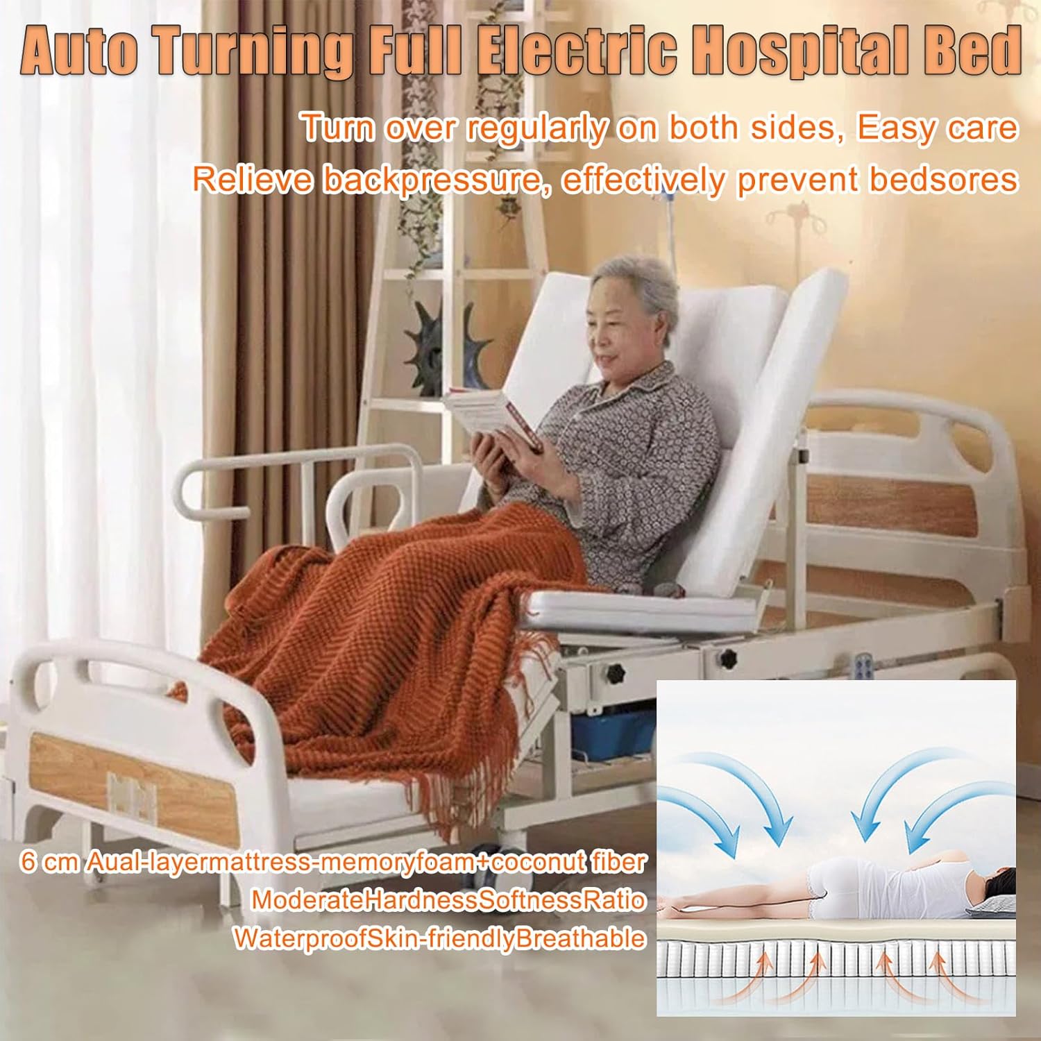 Premium Hospital Bed - 10 Function Full Electric Hospital Bed, 0-45°Timed Side Turn, Electric Medical Bed with Mattress & ABS Rails, Bedpan, Dining Table Board, IV Pole, Casters, Up to 550LBS