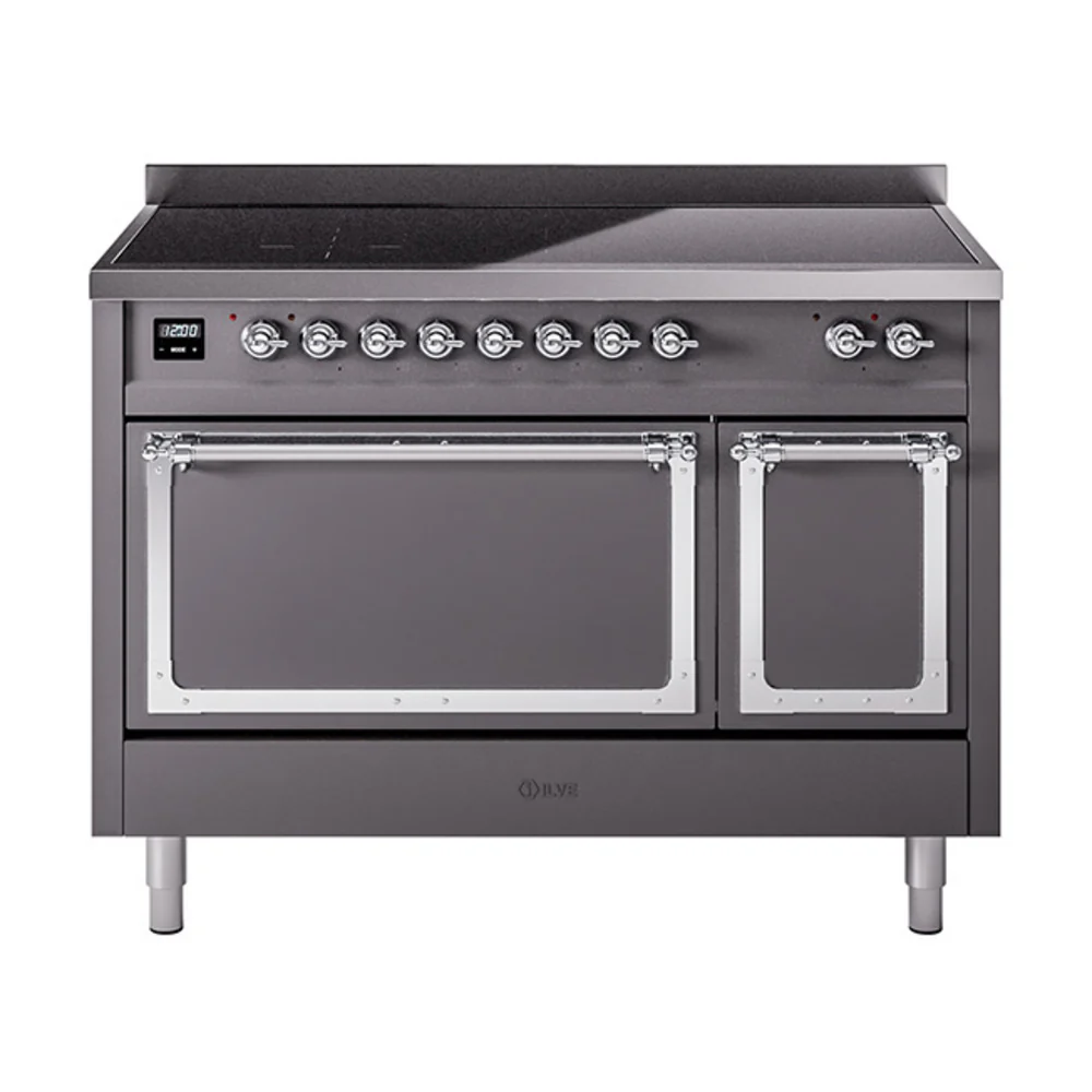 ILVE Nostalgie II Noblesse 48-Inch Induction Range with Solid Door Oven in Matte Graphite with Chrome Trim (UNI486QNMPMGC)