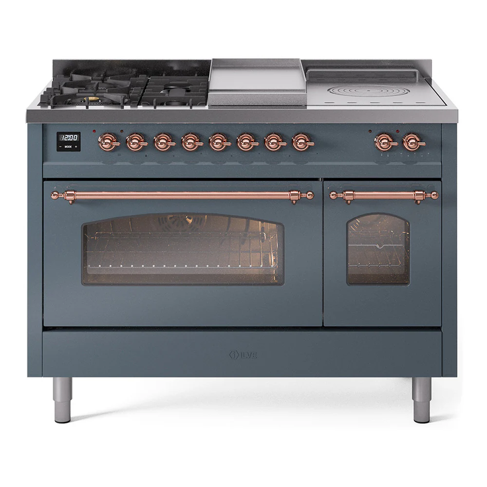 ILVE Nostalgie II 48-Inch Dual Fuel Range with 5 Burners, Griddle, & French Top with Triple Glass Door Oven in Blue Grey with Copper Trim (UP48FSNMPBGP)