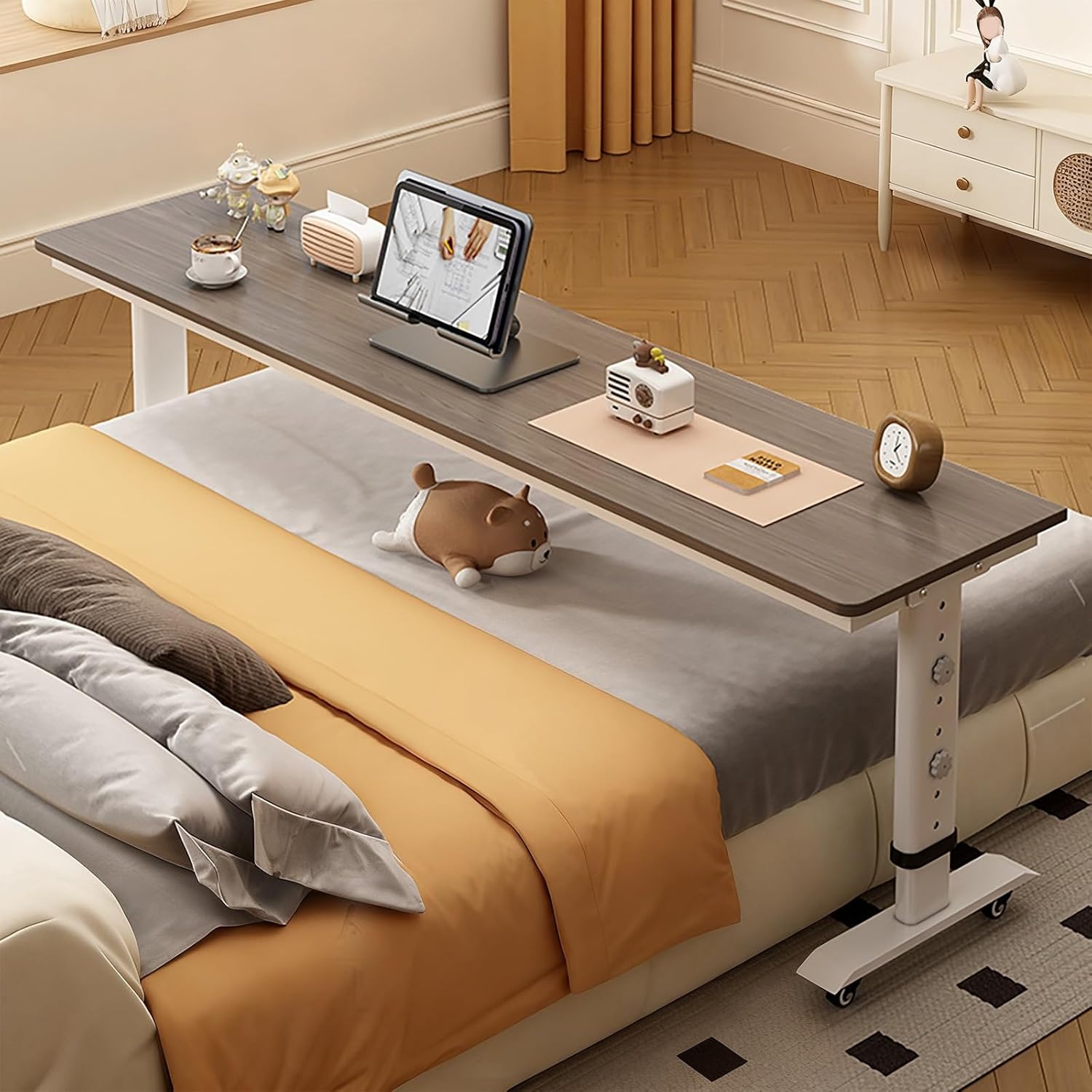 Overbed Table with 360° Wheels, Mobile Bed Desk with Metal Leg, Bed Desk Recliner Table Adjustable Height Laptop Table, for Working Reading Eating(White 3,100 * 40 * 63cm/39 * 16 * 25in)