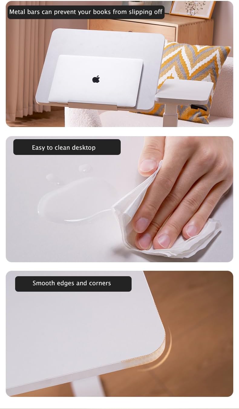 KEIKI Overbed Bedside Desk, Mobile Rolling Laptop Stand Tilting Overbed Table with Wheels, Height Adjustable Tray Bedside Table for Laptop Bed Sofa, White