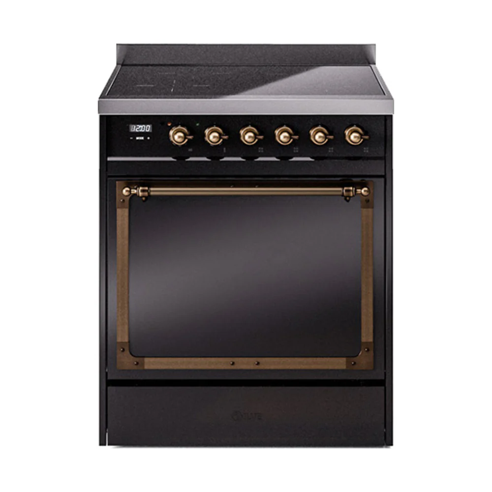 ILVE 30-Inch Nostalgie II Noblesse Induction Range with Solid Door Oven in Glossy Black with Bronze Trim (UNI304QNMPBKB)