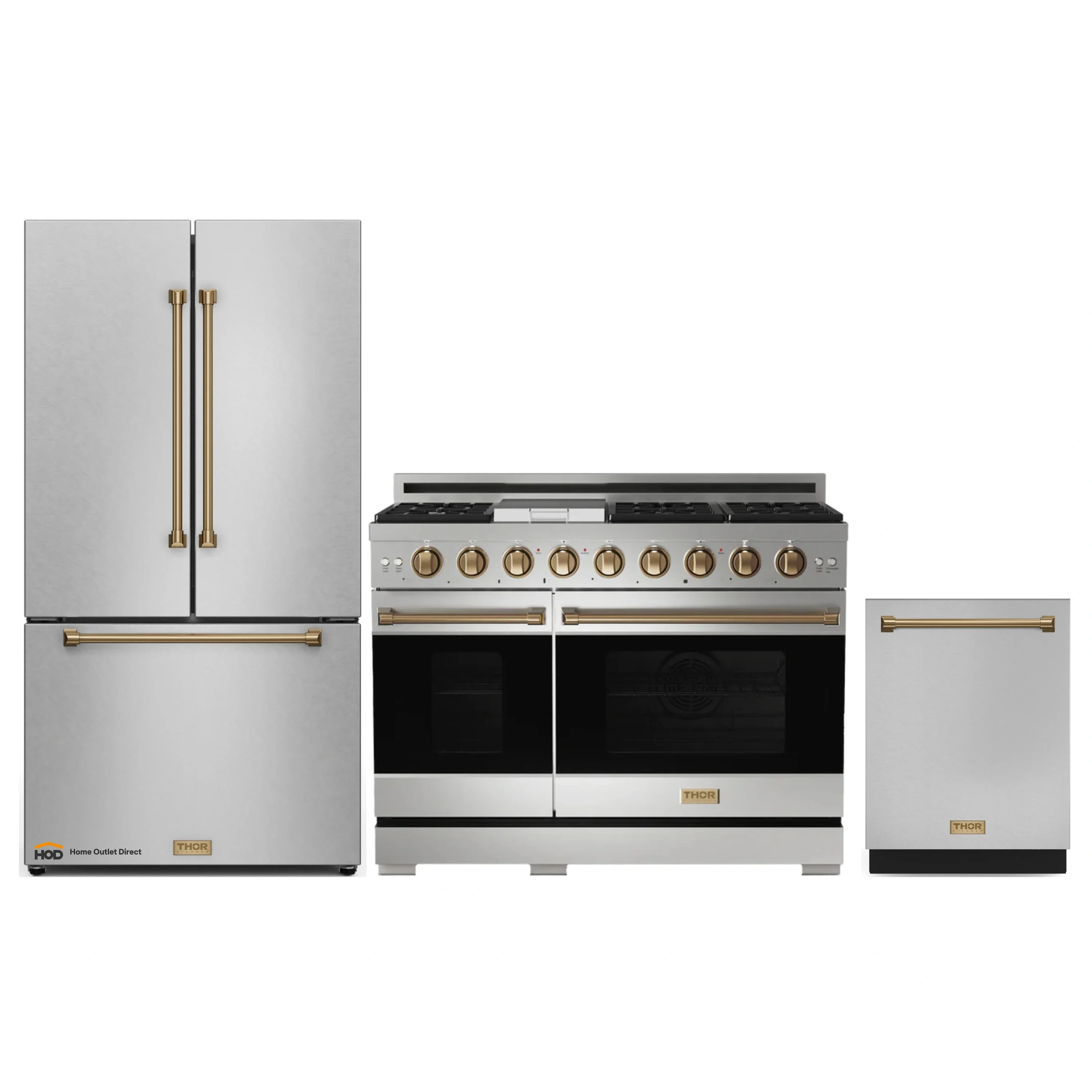Gordon Ramsay by Thor Kitchen 3-Piece Appliance Package - 48-Inch Gas Range with Double Oven, 36-Inch Refrigerator, and Dishwasher in Stainless Steel with Bronze Trim