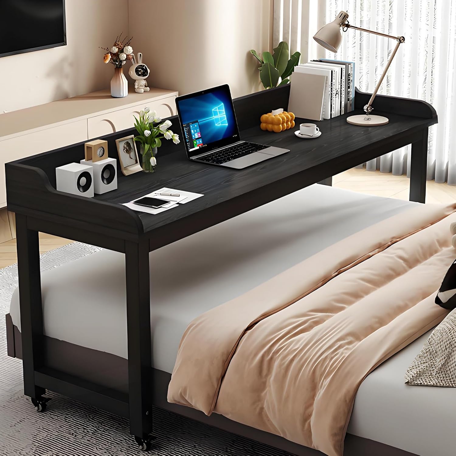 Mobile Bed Desk for Queen, Computer Overbed Table with Wheels, Bed Desk Recliner Table Adjustable Height Laptop, with Baffle Holder for Home and Hospital(Black,100cm/39.3in)