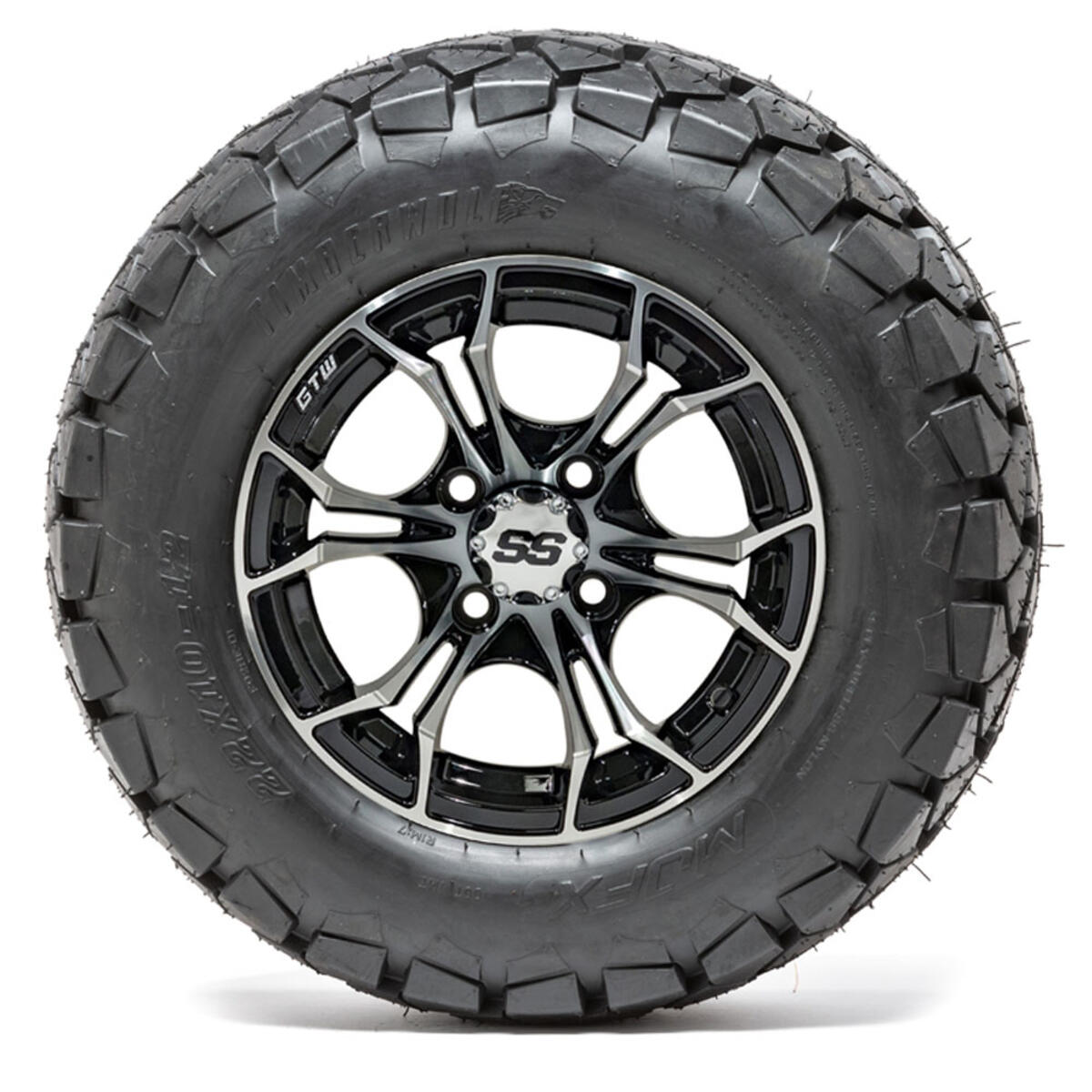 12” GTW Spyder Black and Machined Wheels with 22” Timberwolf Mud Tires – Set of 4