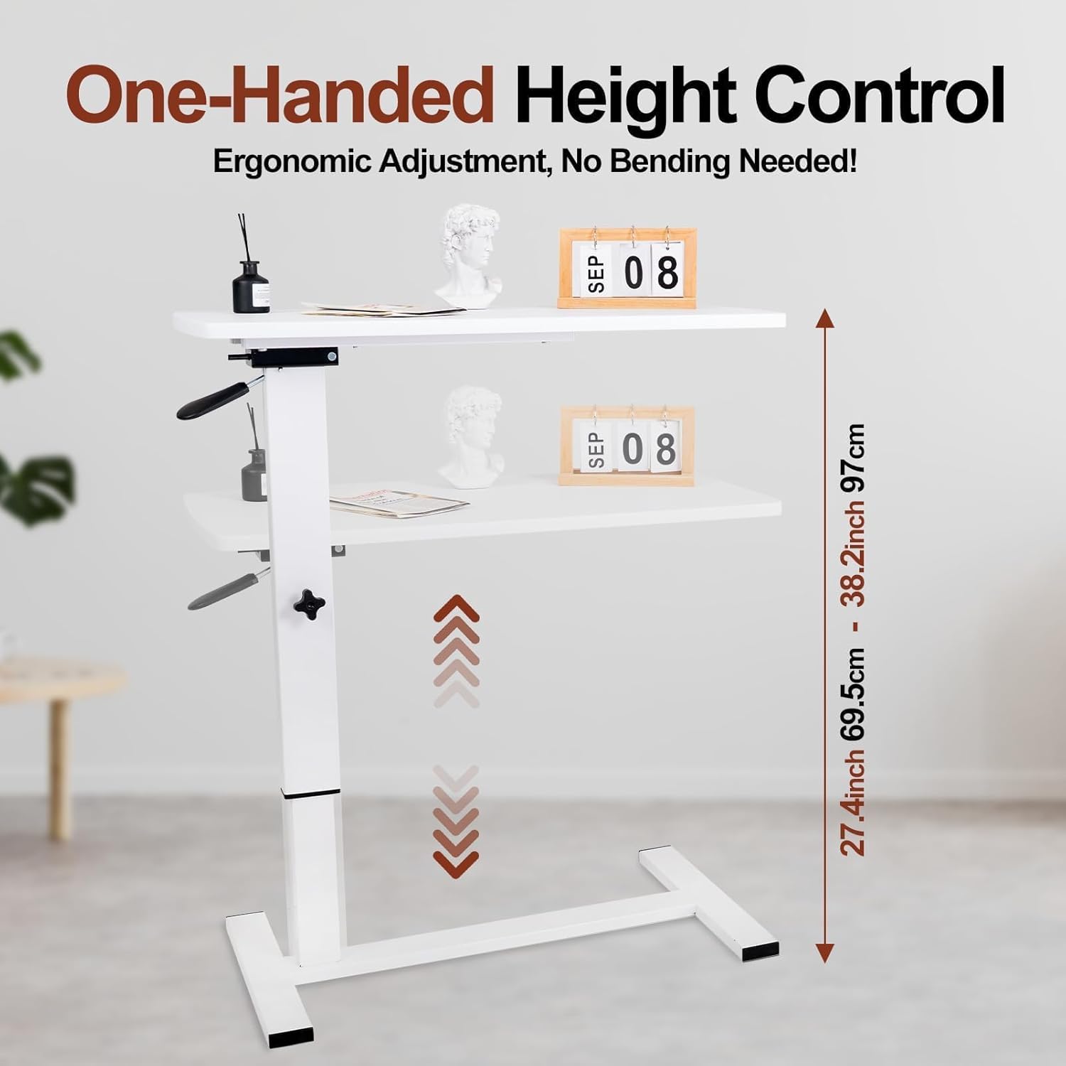 Adjustable Overbed Bedside Table with Hidden Casters, Pneumatic Mobile Laptop Computer Standing Desk, Medical Foldable Cart Movable Rolling Table for Hospital Home Use(32