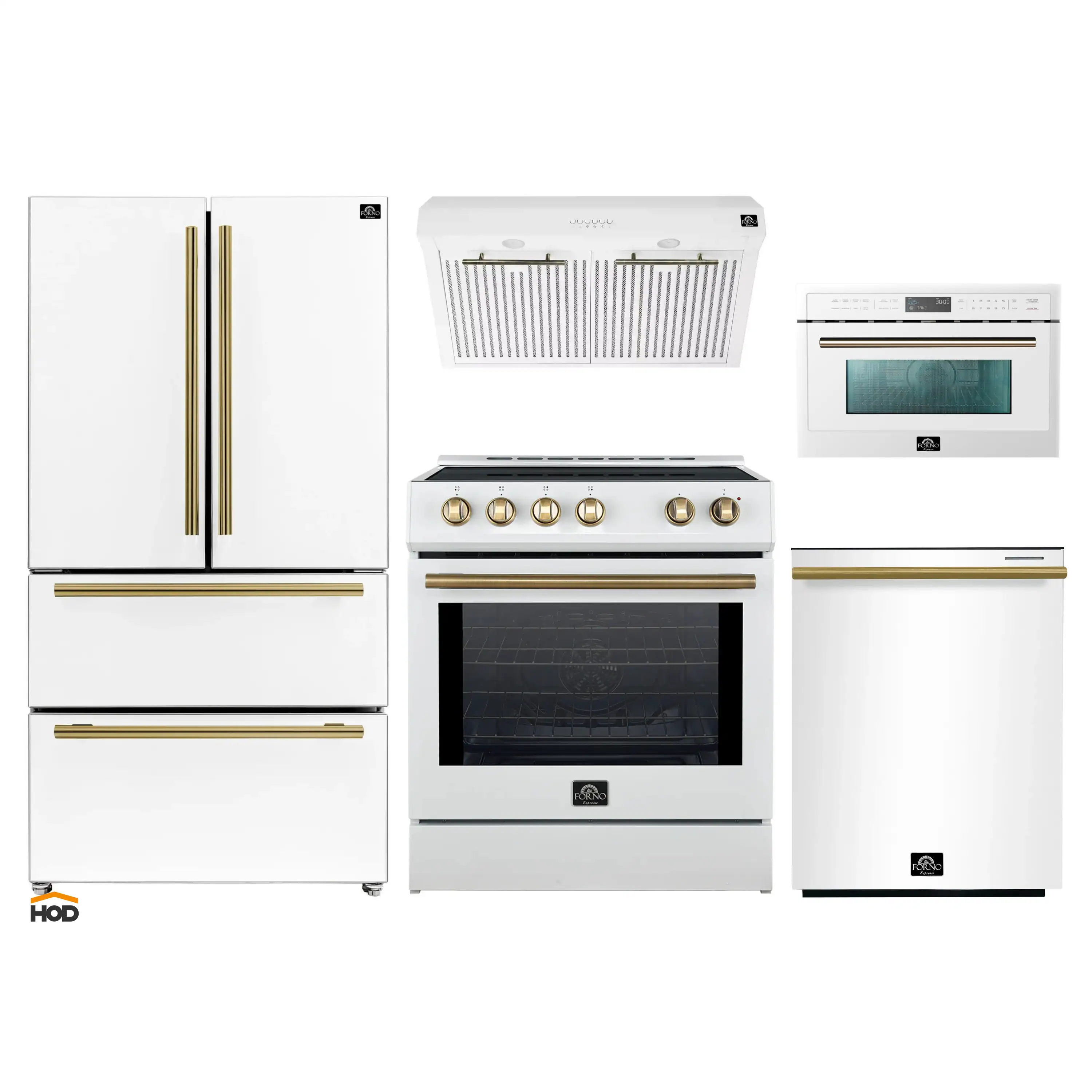 Forno 5-Piece Appliance Package - 30-Inch Induction Range, Under Cabinet Range Hood, Refrigerator, Dishwasher, and 30-Inch Microwave Oven in White with Antique Brass Trim