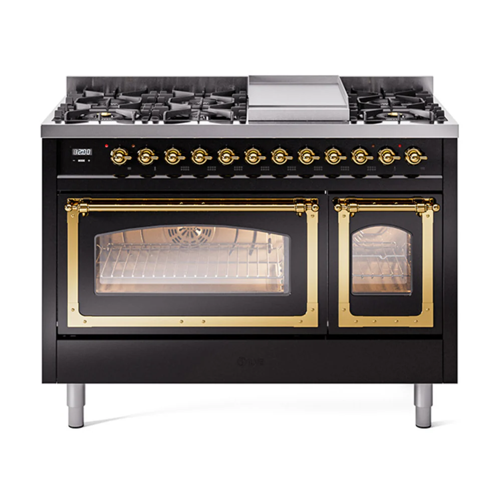 ILVE Nostalgie II Noblesse 48-Inch Dual Fuel Freestanding Range in Glossy Black with Brass Trim (UN48FNMPBKG)