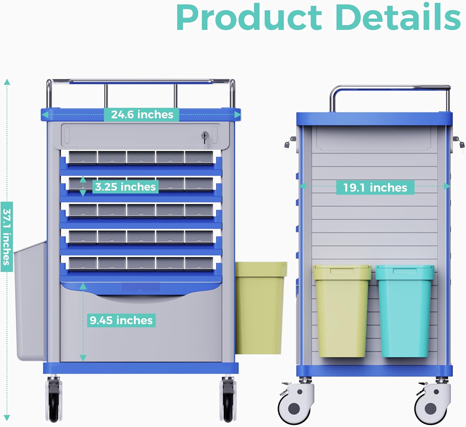Medication Bins Cart with 200 Bins and Drawer - Dual-Sided Open, 50 Medicine Boxes, Silent Casters, Movable Container, 2 Trash Bin-Medical Crash Cart for Clinic, Hospital and Lab, Factory