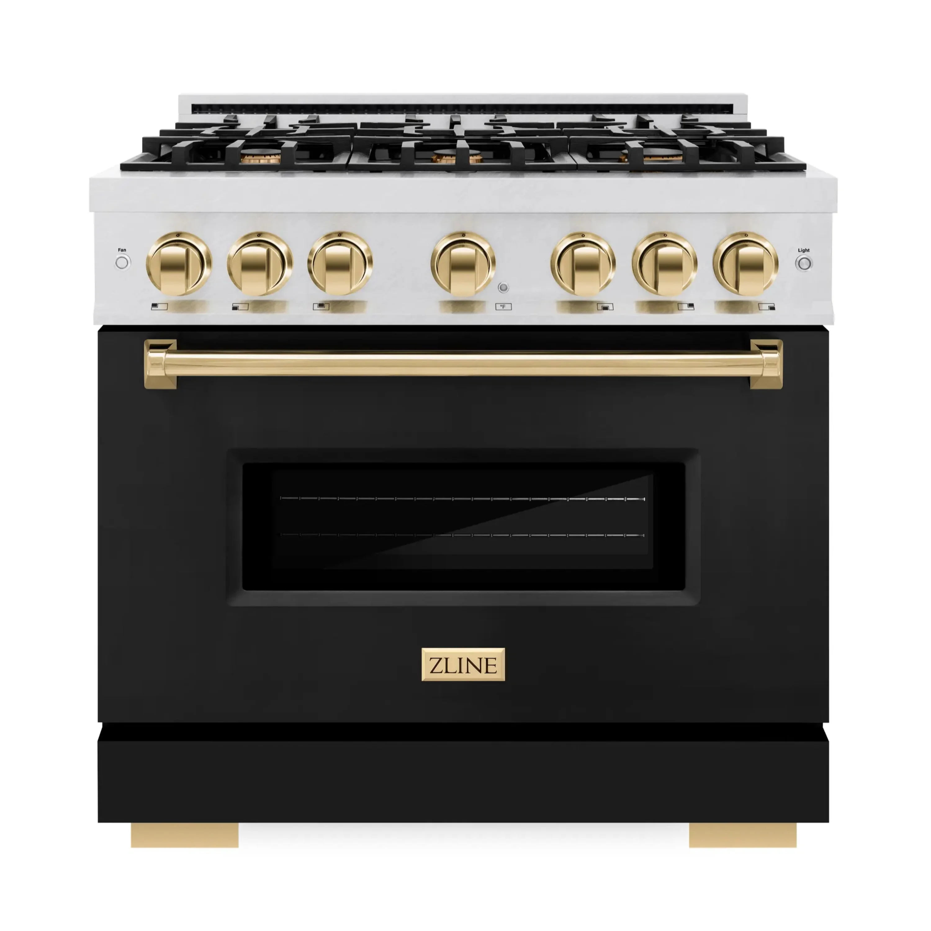ZLINE 36-Inch Autograph Gas Range with 6 Burner Cooktop and 5.2 Cu. Ft. Convection Oven in Satin Stainless Steel with Black Matte Door and Polished Gold Accents (CGRSZ-BLM-36-G)