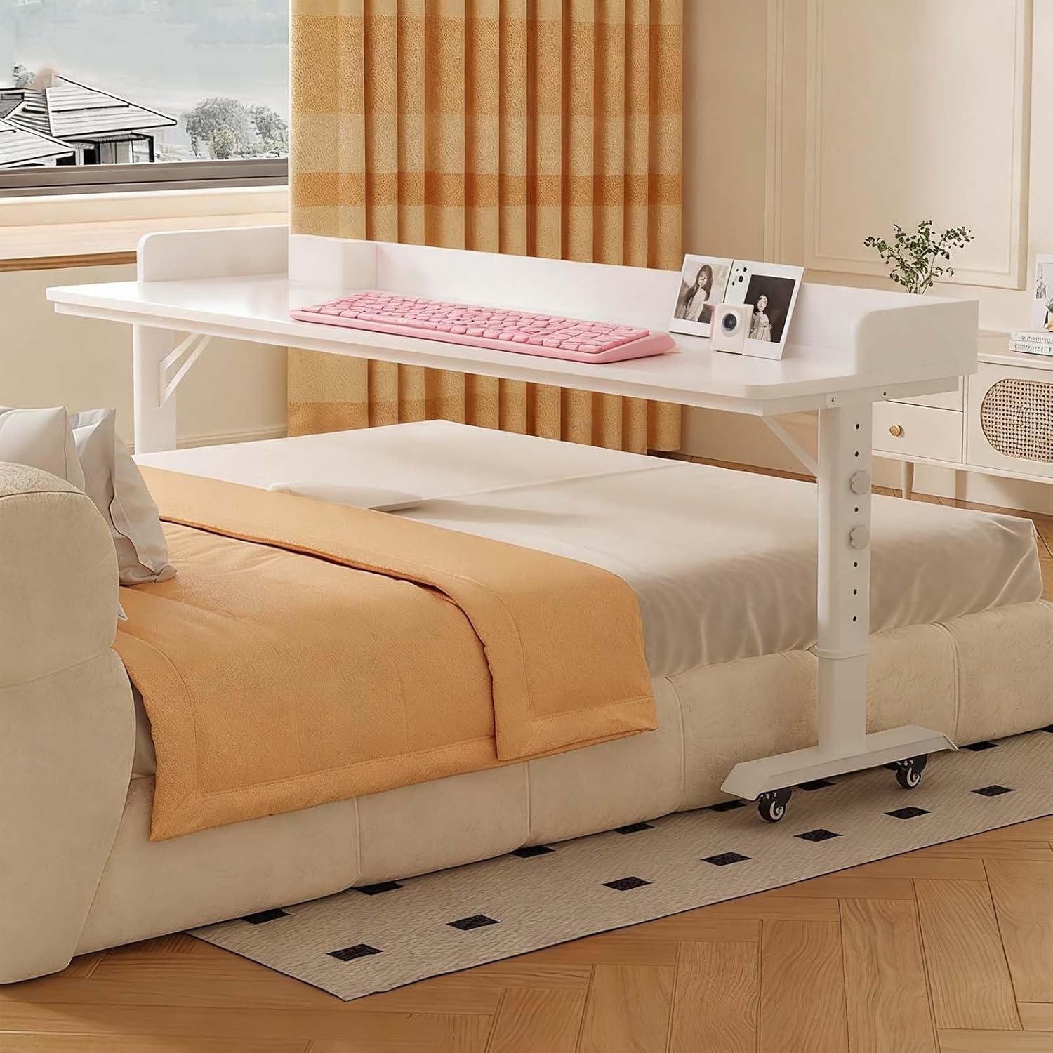 Adjustable Height Over Bed Desk with Wheels - Rolling Laptop Cart for Bedroom Work, Study, Fits King & Queen Size Beds(210x40CM)