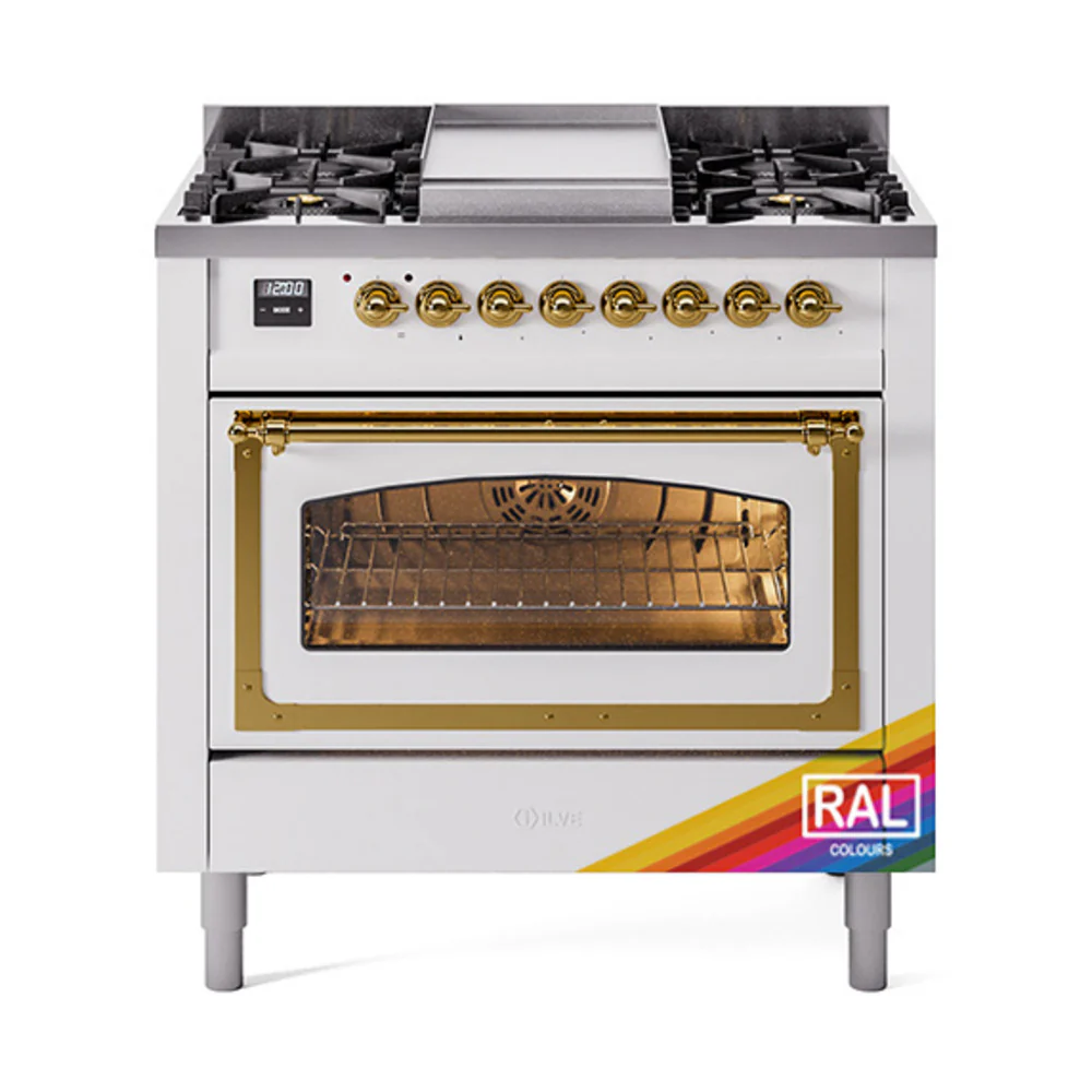 ILVE Nostalgie II Noblesse 36-Inch Dual Fuel Range and Triple Glass Door in RAL with Brass Trim (UN36FNMPRAG)