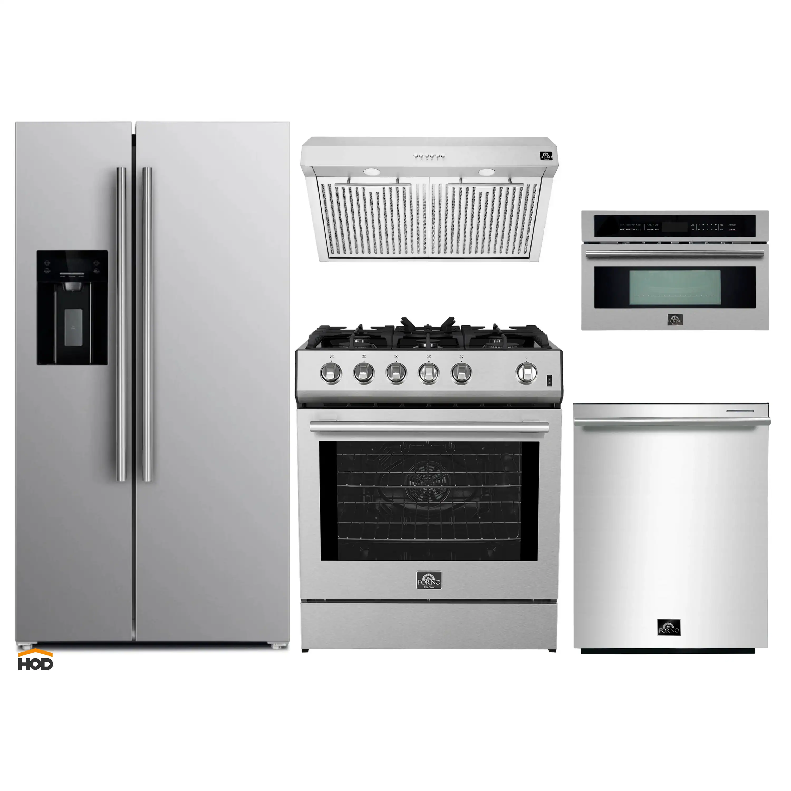 Forno 5-Piece Appliance Package - 30-Inch Gas Range, Under Cabinet Range Hood, Refrigerator with Water Dispenser, Dishwasher, and 30-Inch Microwave Oven in Stainless Steel