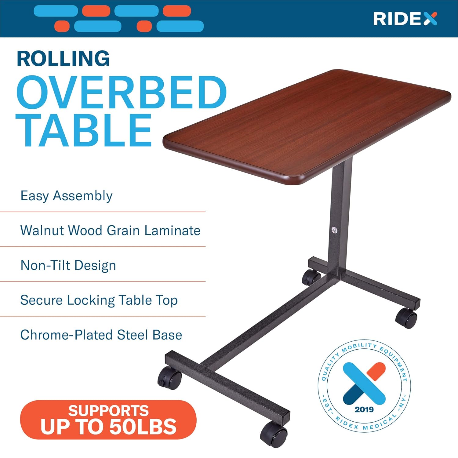 Adjustable Overbed Table - Non-Tilt Mobile Bedside Desk Tray with Swivel Caster Wheels - Serve Meals, Use Laptop/Computer, Writing - Great for Elderly, Hospital Patients, Home Care -Hospital Bed Table