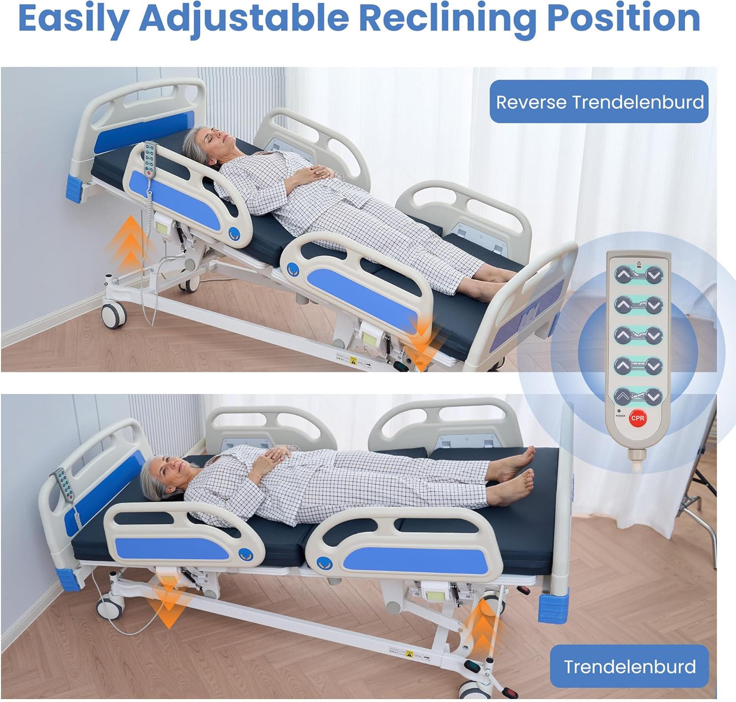 Careboda Premium 5 Function Full Electric Hospital Bed, Hospital Bed with PU Advanced Mattress, Quiet Wheels & IV Pole, ICU Electric Medical Bed with Core Motor, 85