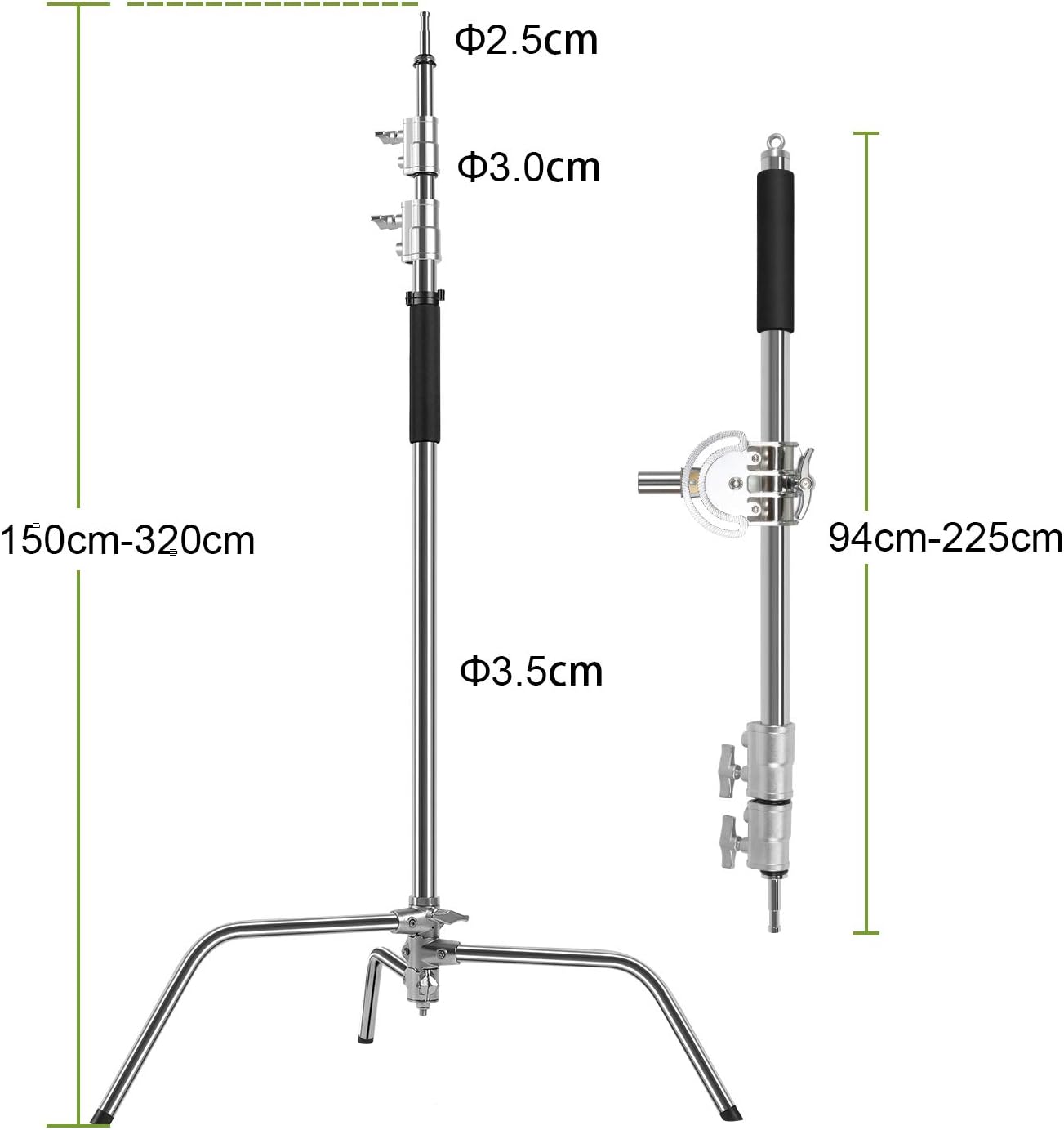 GVM Photography Heavy Duty C Stand with Boom Arm - Max Height 10ft/3.2m, 3ft/1m to 7ft/2.25m Holding Arm Kit for Reflectors, Softboxes, Monolights