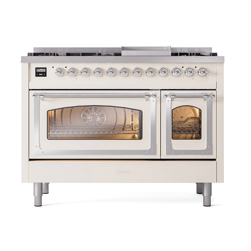 ILVE Nostalgie II Noblesse 48-Inch Dual Fuel Freestanding Range in Antique White with Chrome Trim (UN48FNMPAWC)
