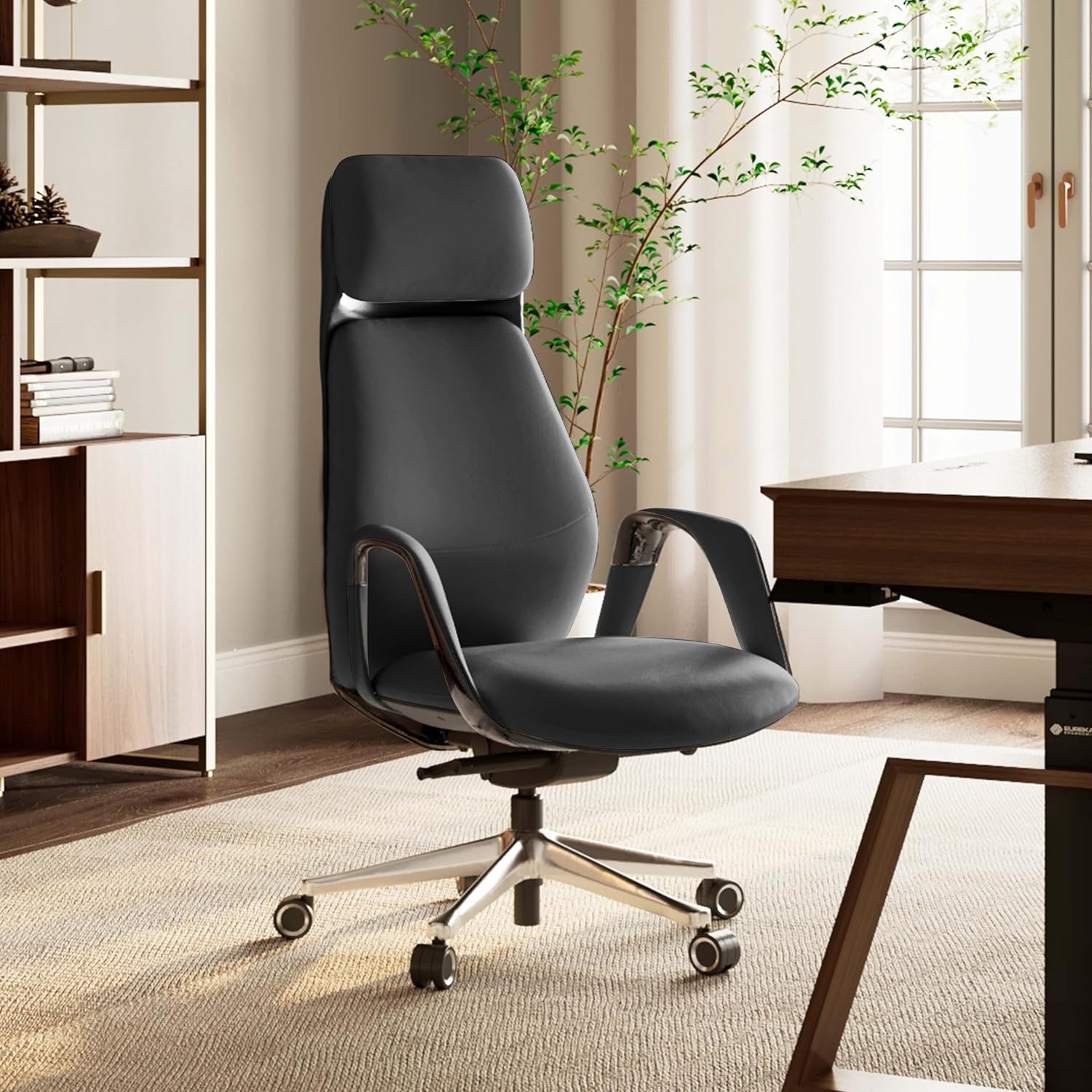 EUREKA ERGONOMIC Serene Executive Office Chair Genuine Leather Office Chair, Modern Executive Chair 135° Back Support Comfy Desk Chair with Arms & Aluminum Base for Home-Black