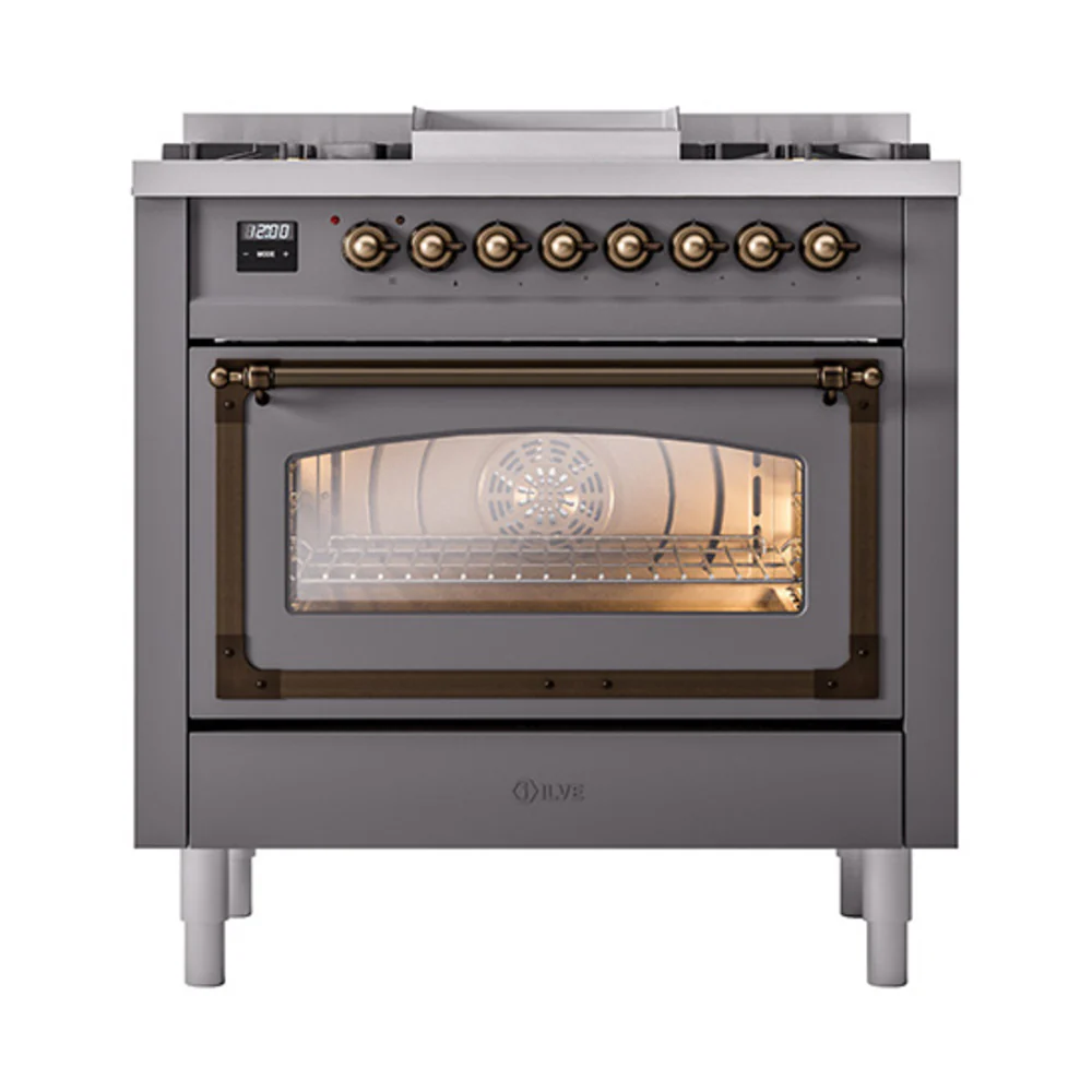 ILVE Nostalgie II Noblesse 36-Inch Dual Fuel Range and Triple Glass Door in Matte Graphite with Bronze Trim (UN36FNMPMGB)