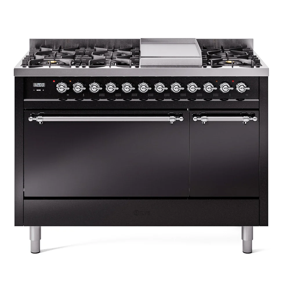 ILVE 48-Inch Nostalgie II Dual Fuel Range with 8 Burners, Griddle, and Solid Door Oven in Glossy Black with Chrome Trim (UP48FQNMPBKC)