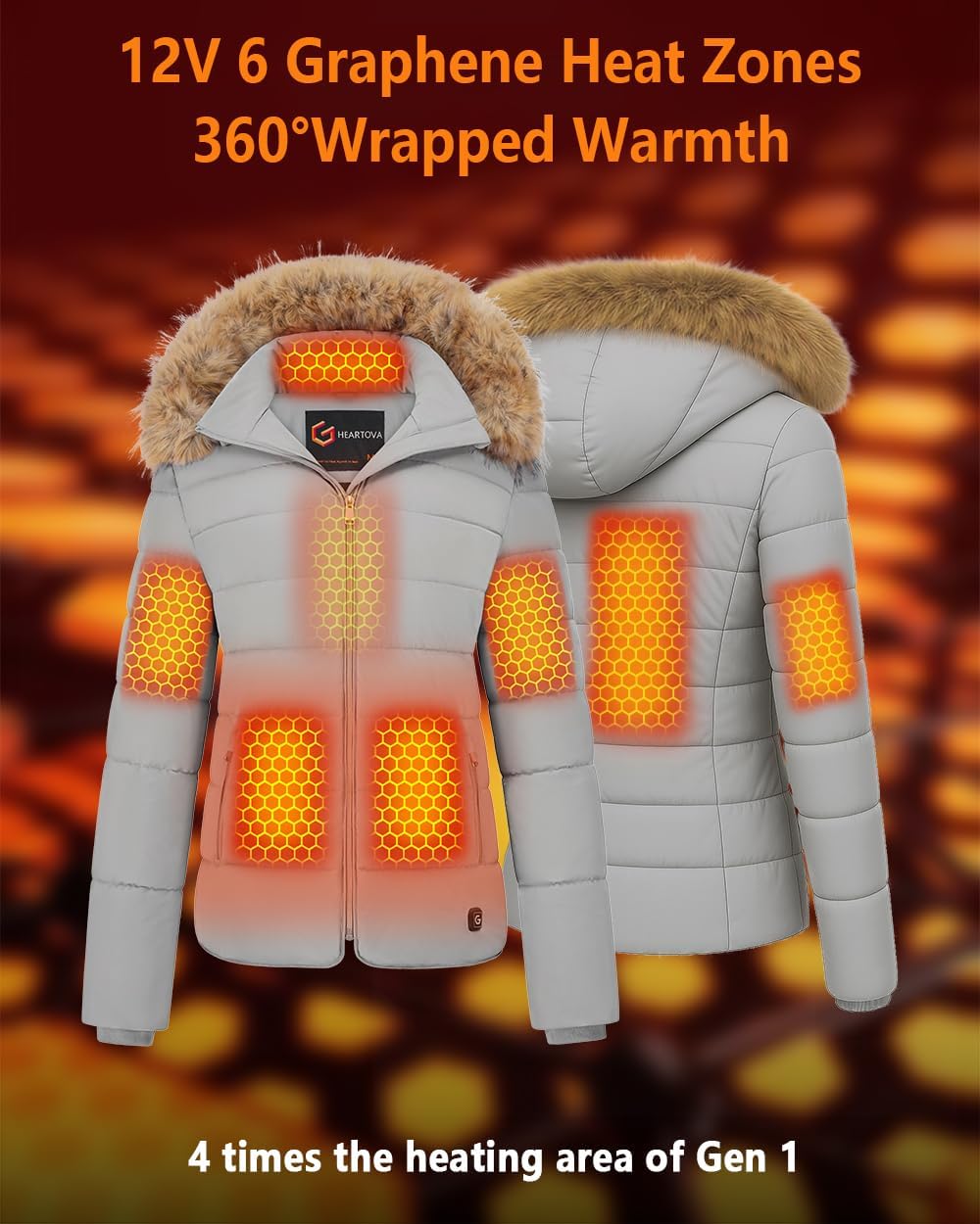Graphene Women Heated Puffer Jacket with 18400 mAh Battery Pack