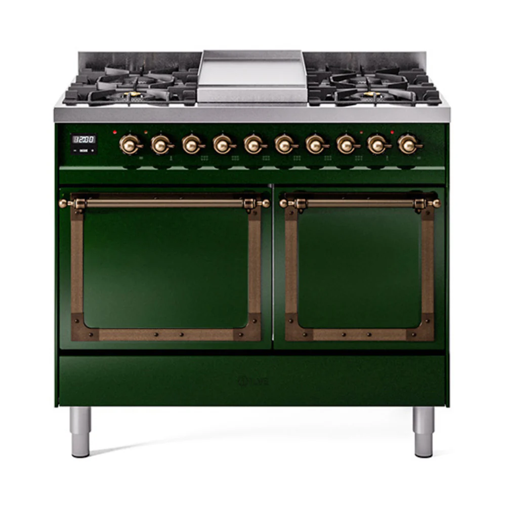 ILVE 40-Inch Nostalgie II Noblesse Dual Fuel Range with Solid Door Oven in Emerald Green with Bronze Trim (UND40FQNMPEGB)