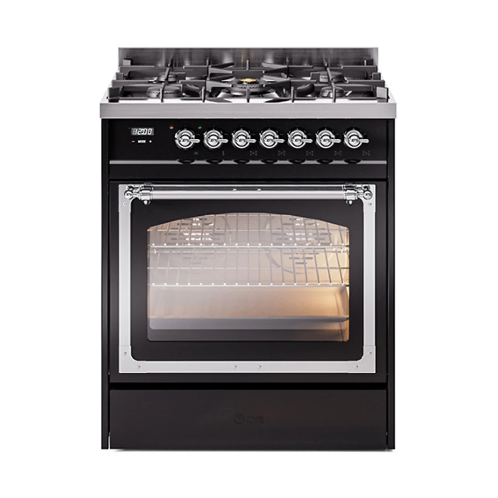 ILVE Nostalgie II Noblesse 30-Inch Dual Fuel Range with Triple Glass Door in Glossy Black with Chrome Trim (UN30NMPBKC)