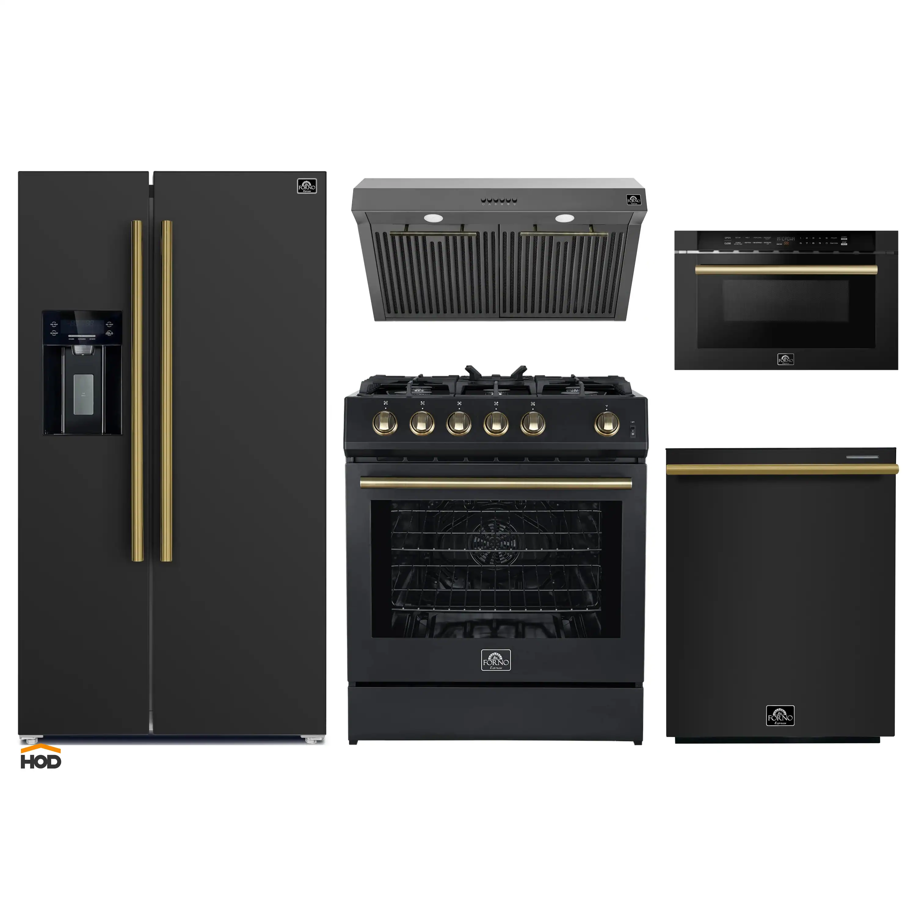 Forno 5-Piece Appliance Package - 30-Inch Gas Range, Under Cabinet Range Hood, Refrigerator with Water Dispenser, Dishwasher, and  Microwave Drawer in  Black with Antique Brass Trim