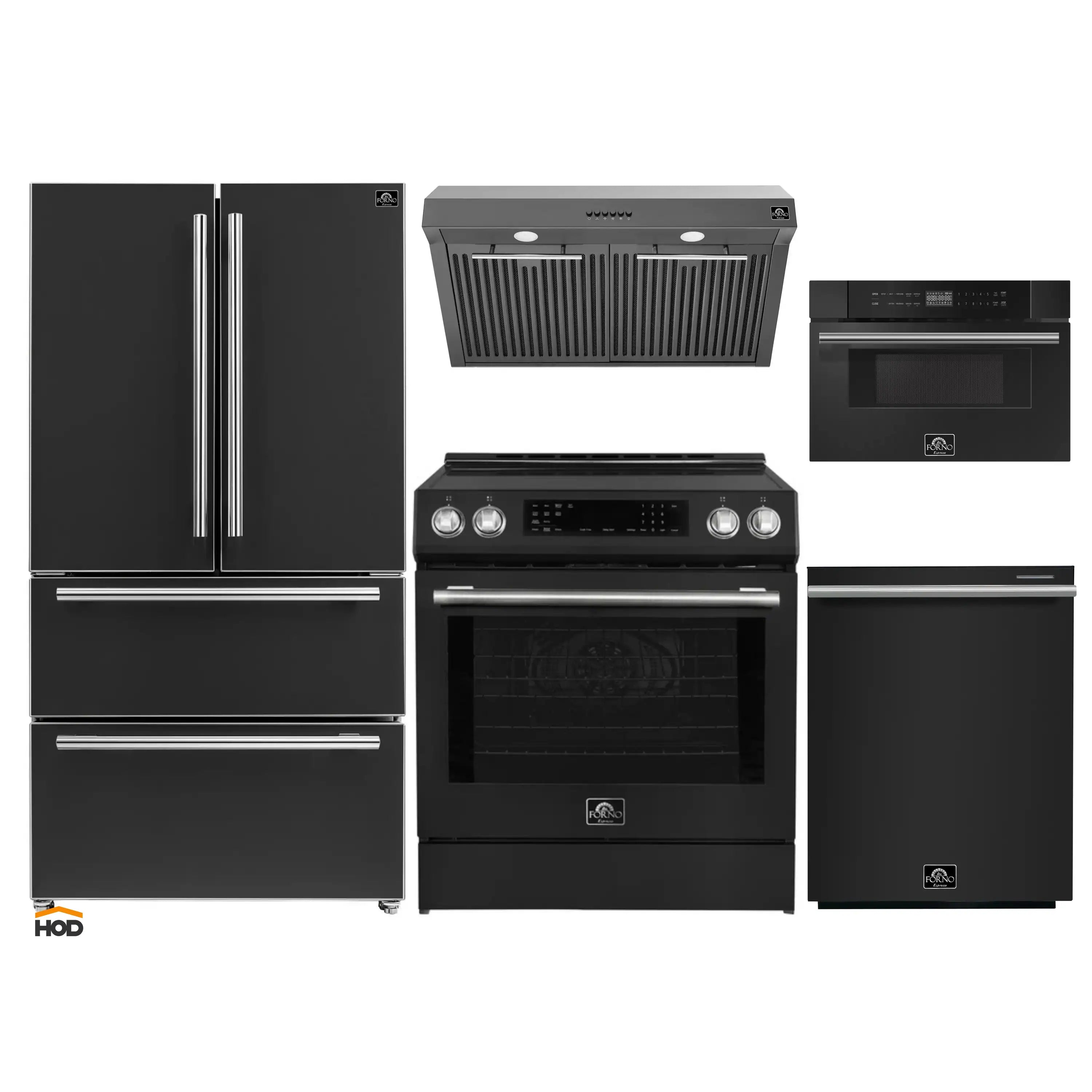 Forno 5-Piece Appliance Package - 30-Inch Induction Range, Under Cabinet Range Hood, French Door Refrigerator, Dishwasher, and 30-Inch Microwave Drawer in Black with Stainless Steel Trim