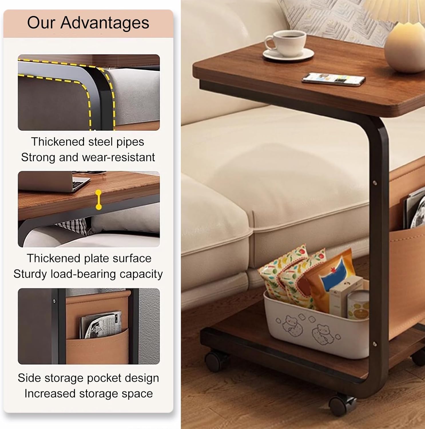 Overbed Bedside Table with Wheels, Rolling Laptop Table with Metal Frame, Ultra-Low Profile Base Fits Under Beds & Sofas, for Hospital and Home Use