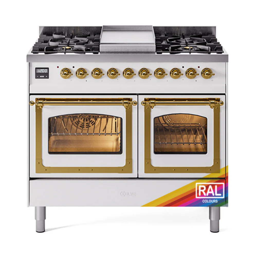 ILVE 40-Inch Nostalgie II Noblesse Dual Fuel Range with Triple Glass Door Oven in RAL with Brass Trim (UND40FNMPRAG)