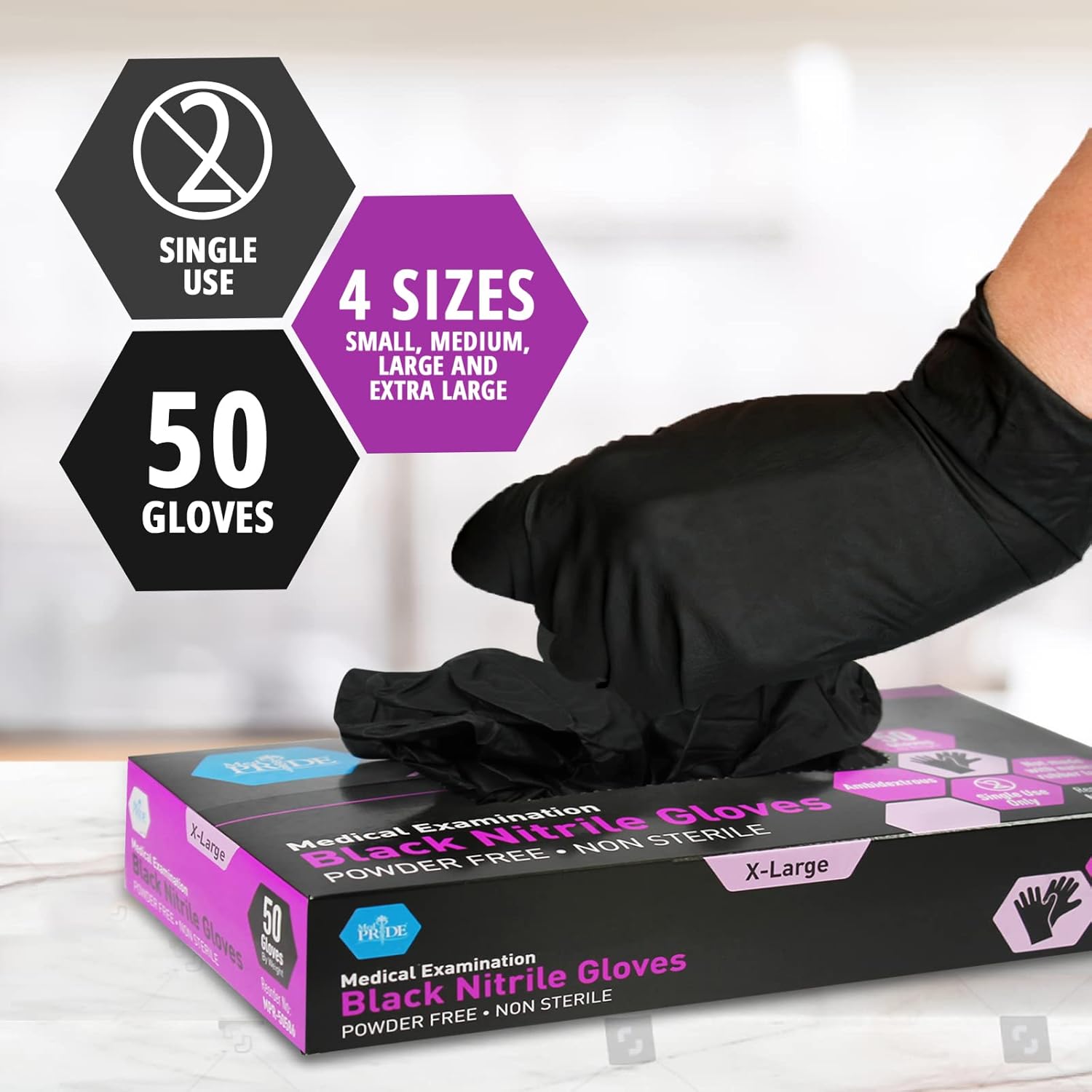 MED PRIDE Black Nitrile Exam Gloves - 4 Mil Thick Disposable Latex/Powder-Free - For Surgical, Doctors, Hospital & Home Use