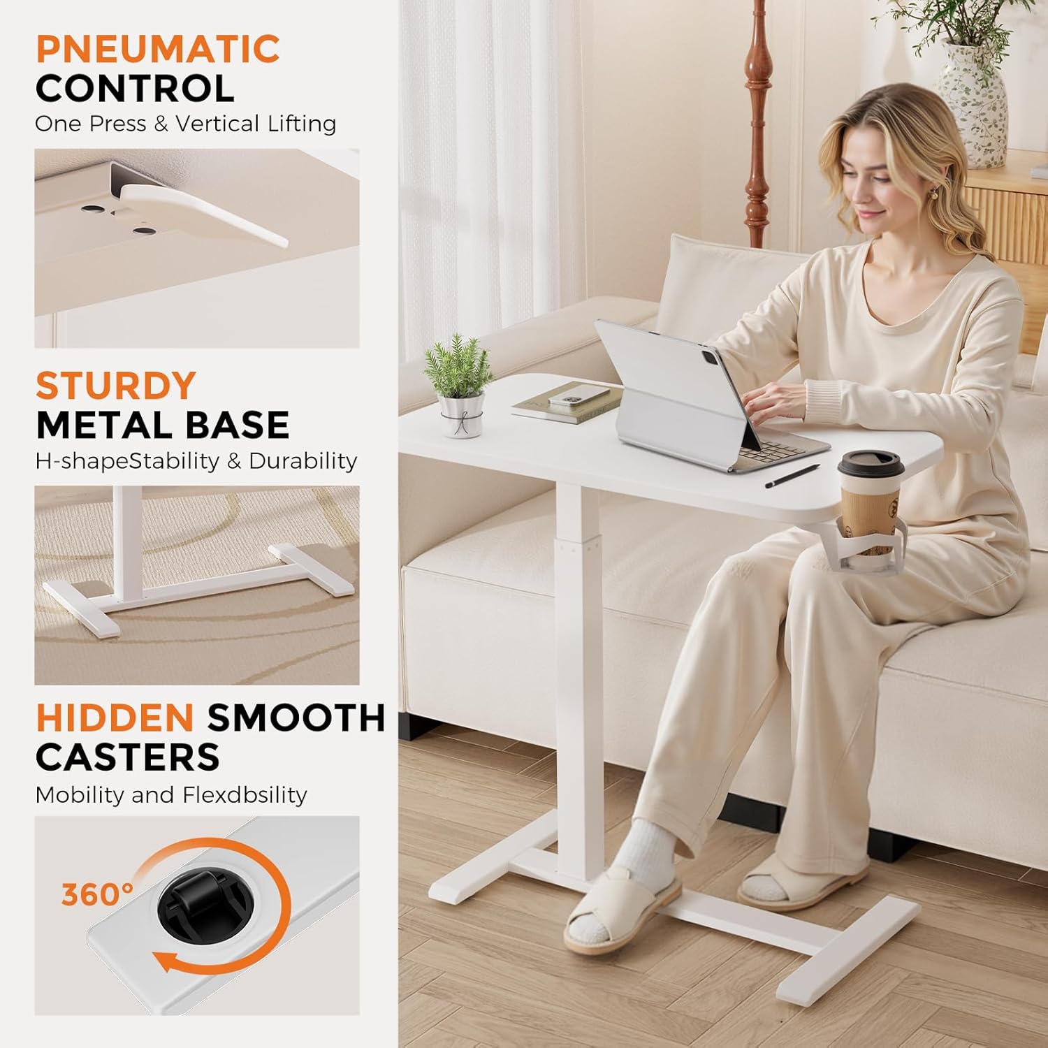 COMHOMA Adjustable Overbed Bedside Table with Wheels, Pneumatic Mobile Rolling Laptop Desk, Height Adjustable Standing Desk Bed Table for Hospital and Home Use (28